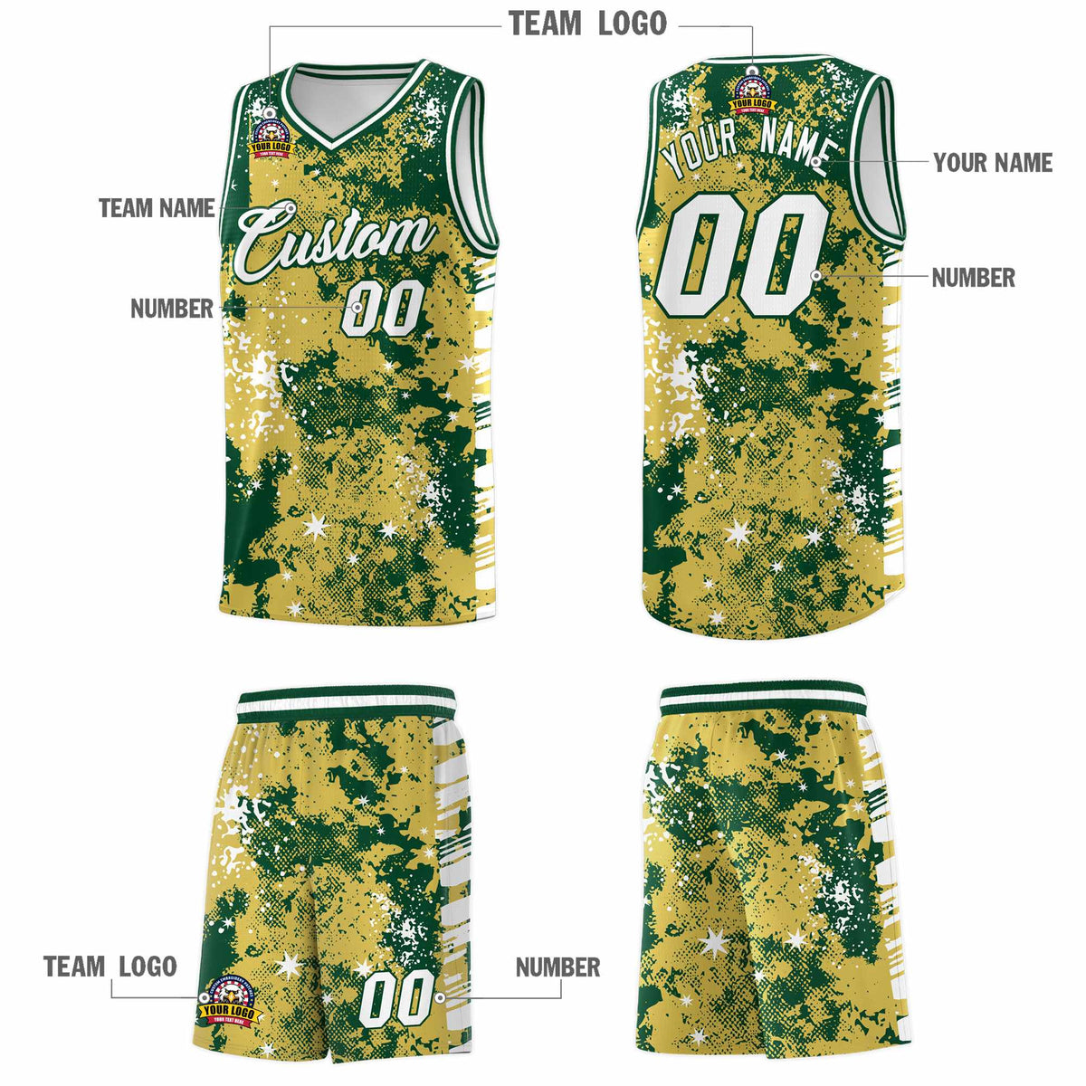 Custom Old Gold Kelly Green Vice Burst Galactic Graffiti Moisture-Wicking Basketball Jersey