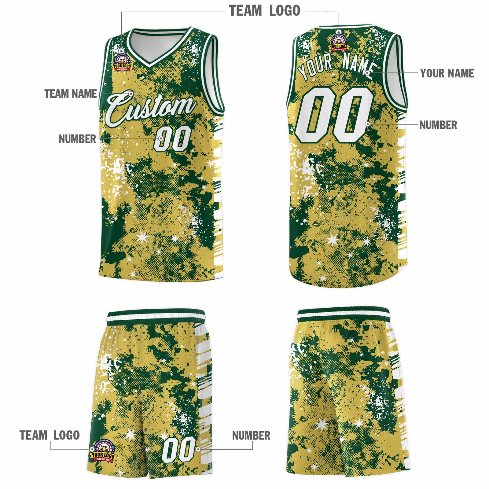 Custom Old Gold Kelly Green Vice Burst Galactic Graffiti Moisture-Wicking Basketball Jersey