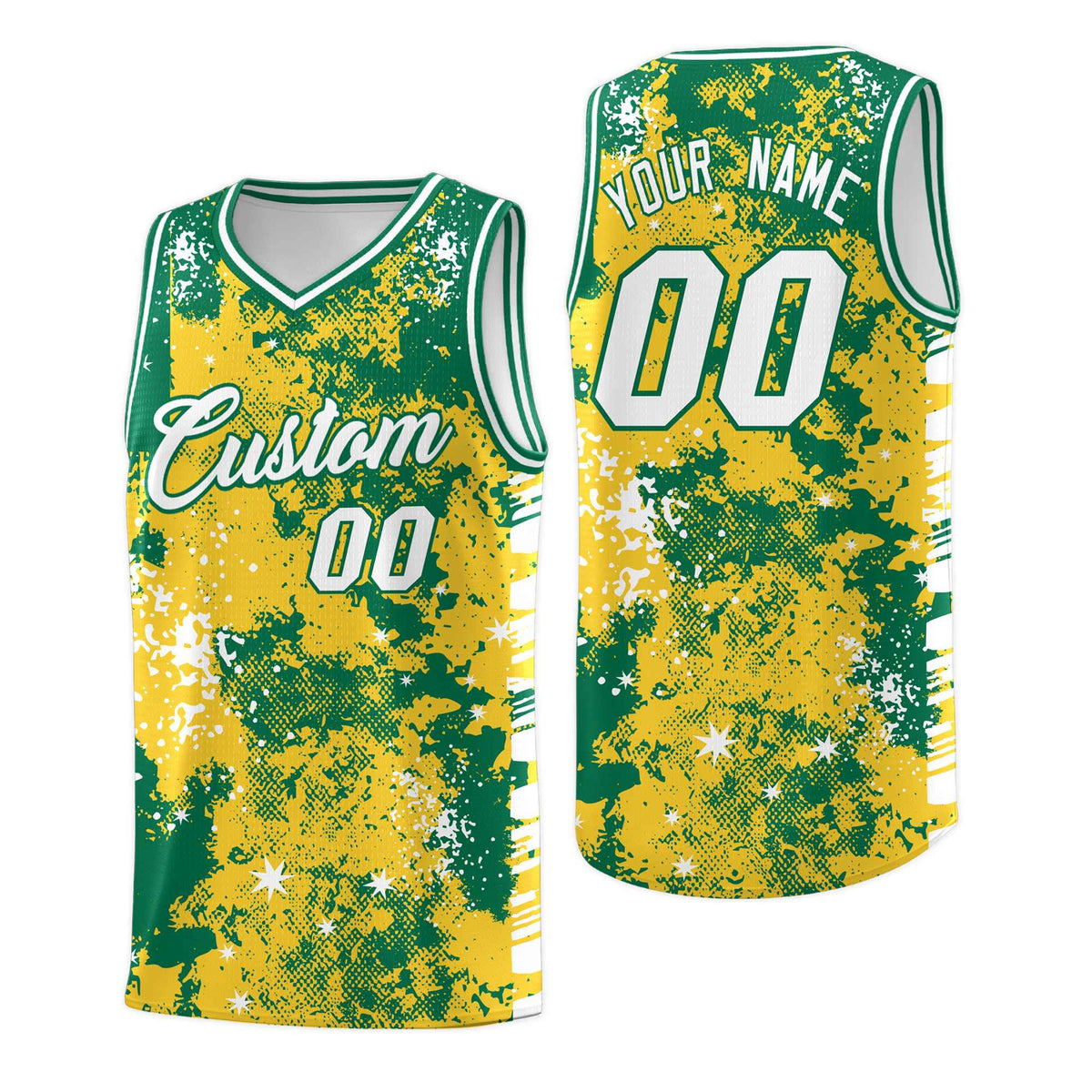 Custom Gold Kelly Green Vice Burst Galactic Graffiti Wrinkle-Resistant Basketball Jersey