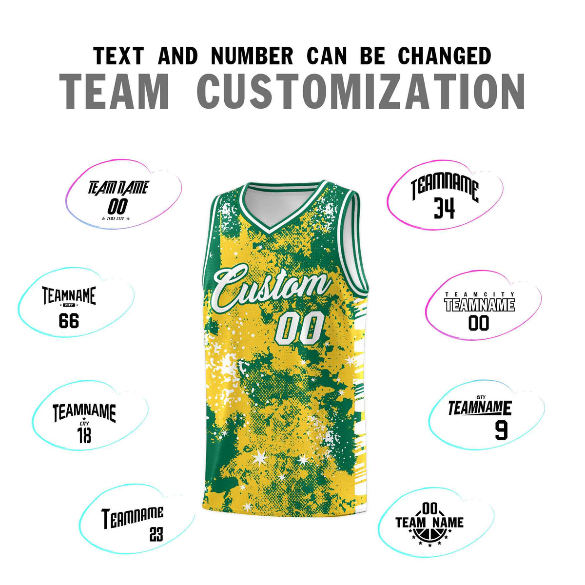 Custom Gold Kelly Green Vice Burst Galactic Graffiti Wrinkle-Resistant Basketball Jersey