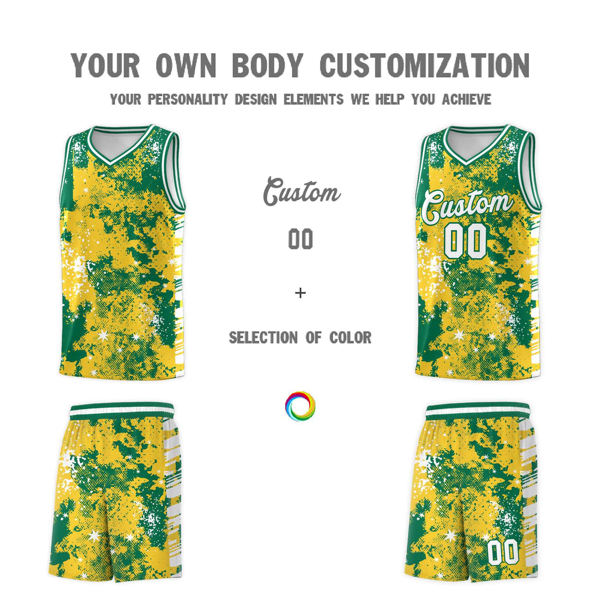 Custom Gold Kelly Green Vice Burst Galactic Graffiti Wrinkle-Resistant Basketball Jersey