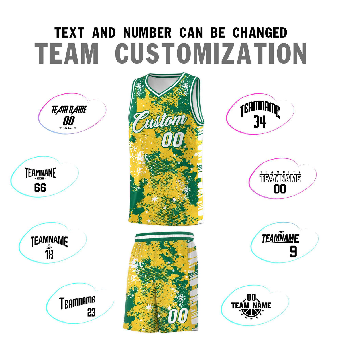 Custom Gold Kelly Green Vice Burst Galactic Graffiti Wrinkle-Resistant Basketball Jersey