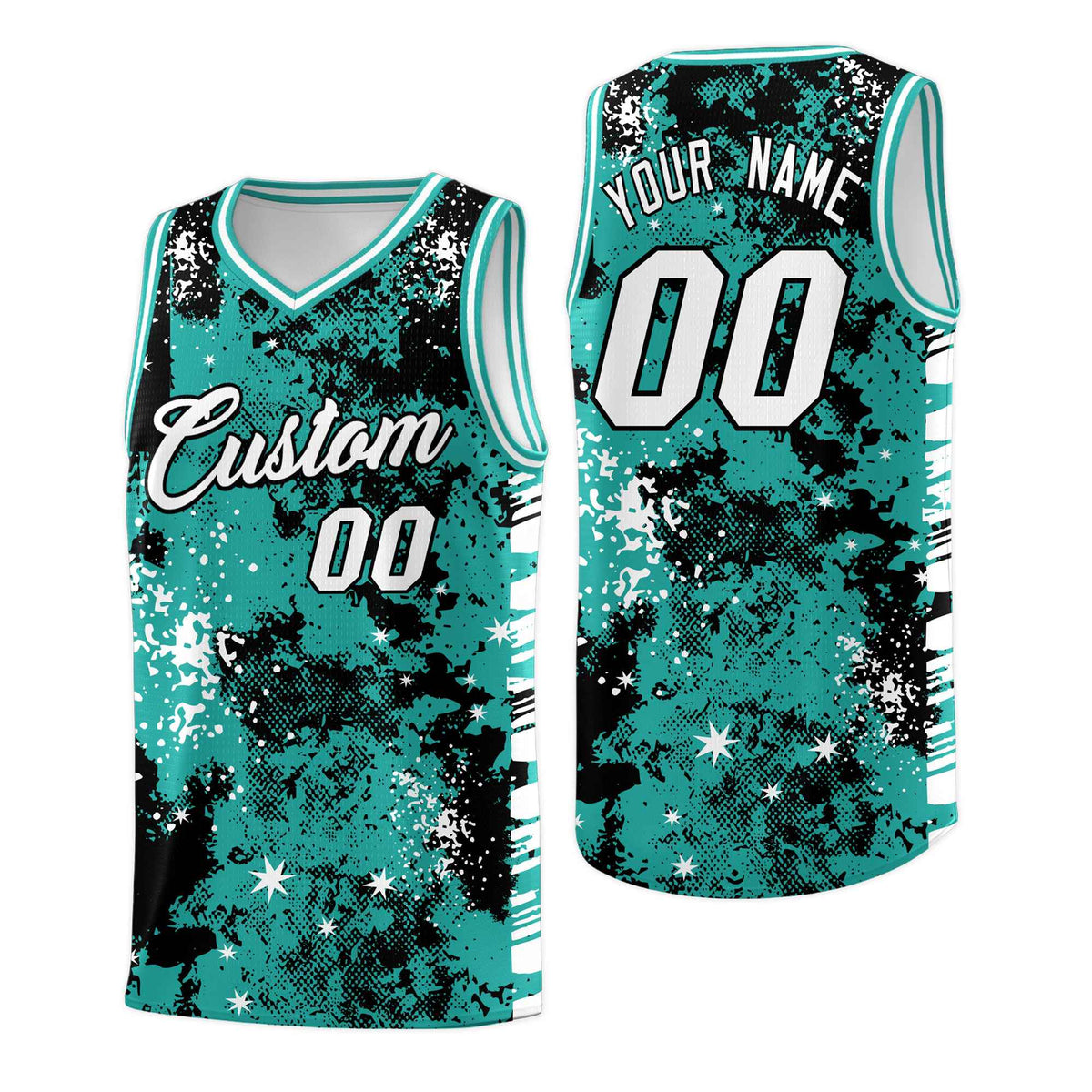 Custom Black Light Teal Vice Burst Galactic Graffiti Breathable Basketball Jersey