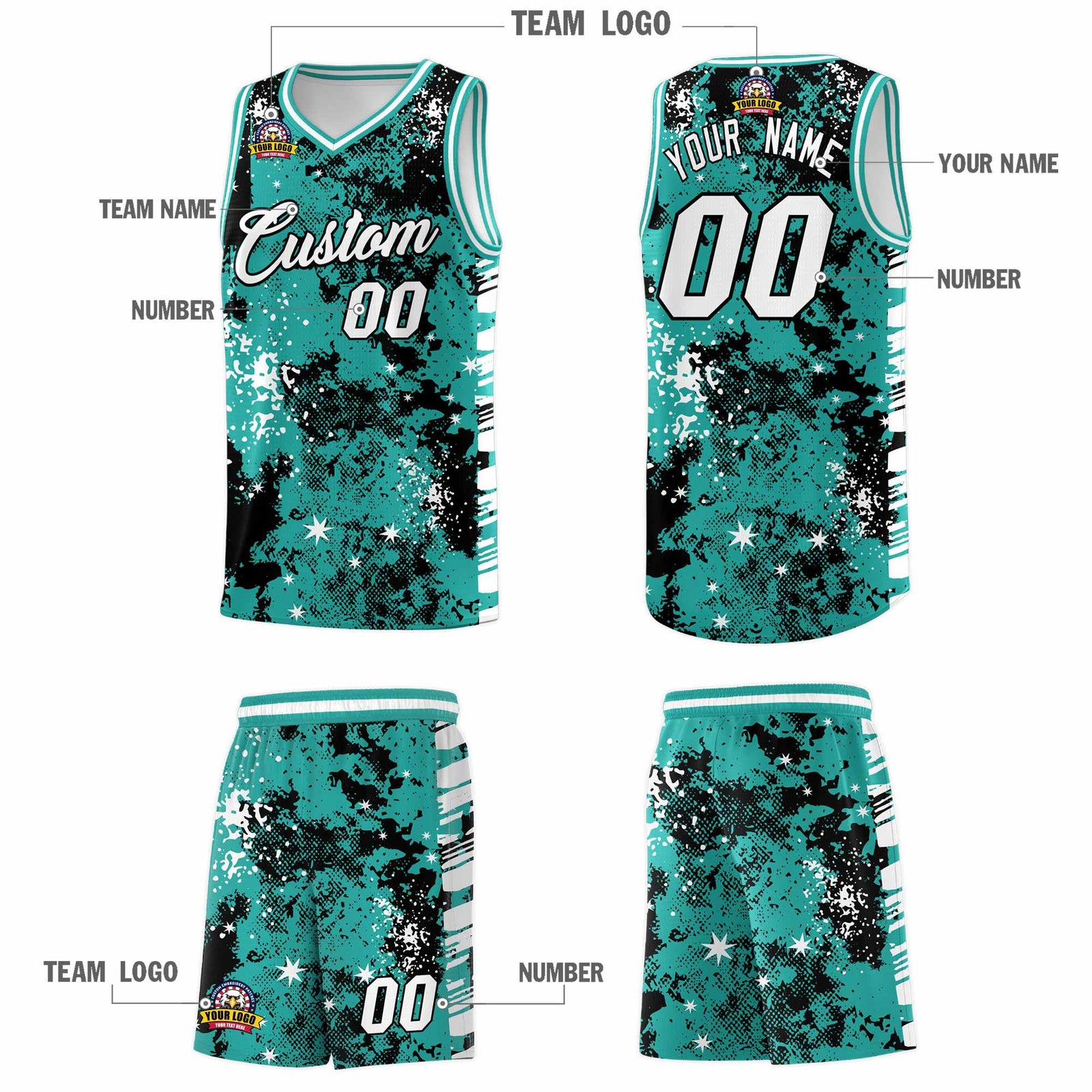 Custom Black Light Teal Vice Burst Galactic Graffiti Breathable Basketball Jersey