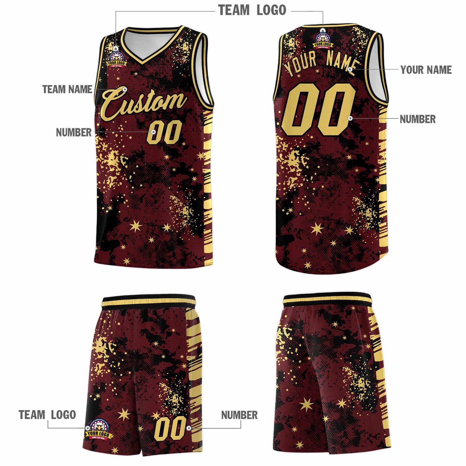 Custom Burgundy Black Vice Burst Galactic Graffiti Quick-Drying Basketball Jersey