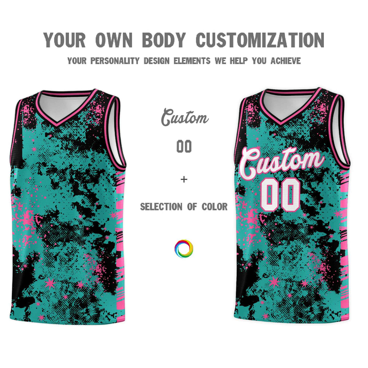Custom Aqua Black Vice Burst Galactic Graffiti Drapable Basketball Jersey
