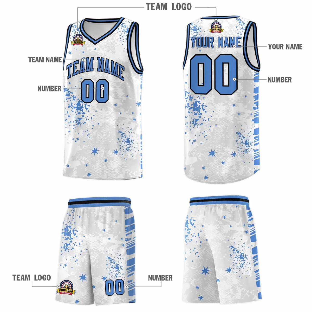 Custom White Powder Blue Vice Burst Galactic Graffiti Quick-Drying Basketball Jersey