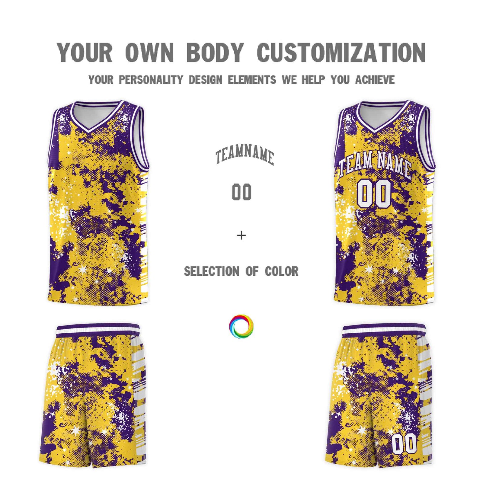 Custom Gold Purple Vice Burst Galactic Graffiti Drapable Basketball Jersey