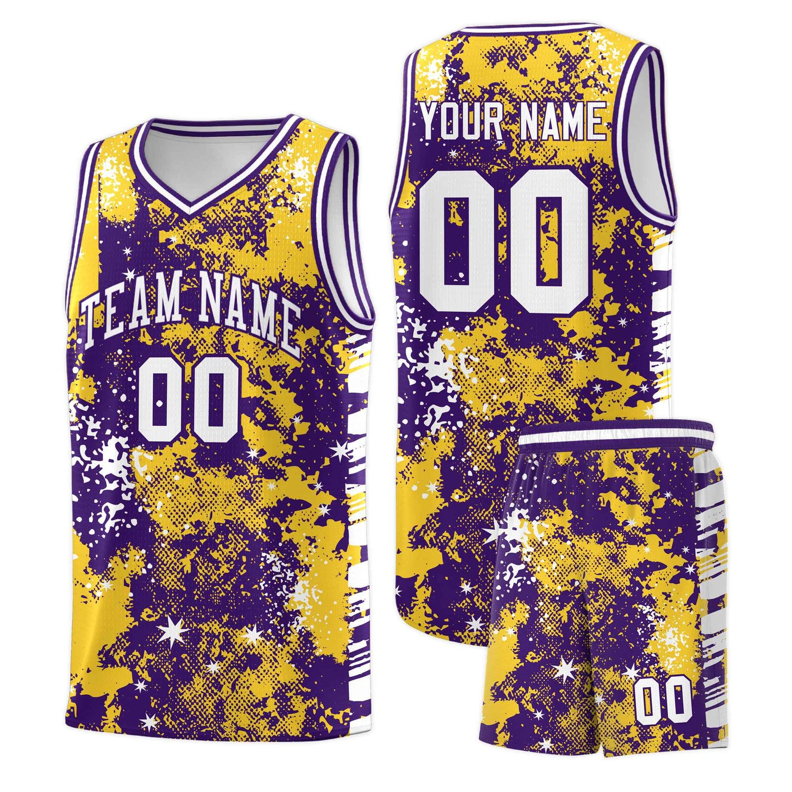 Custom Gold Purple Vice Burst Galactic Graffiti Sublimation Printing Basketball Jersey