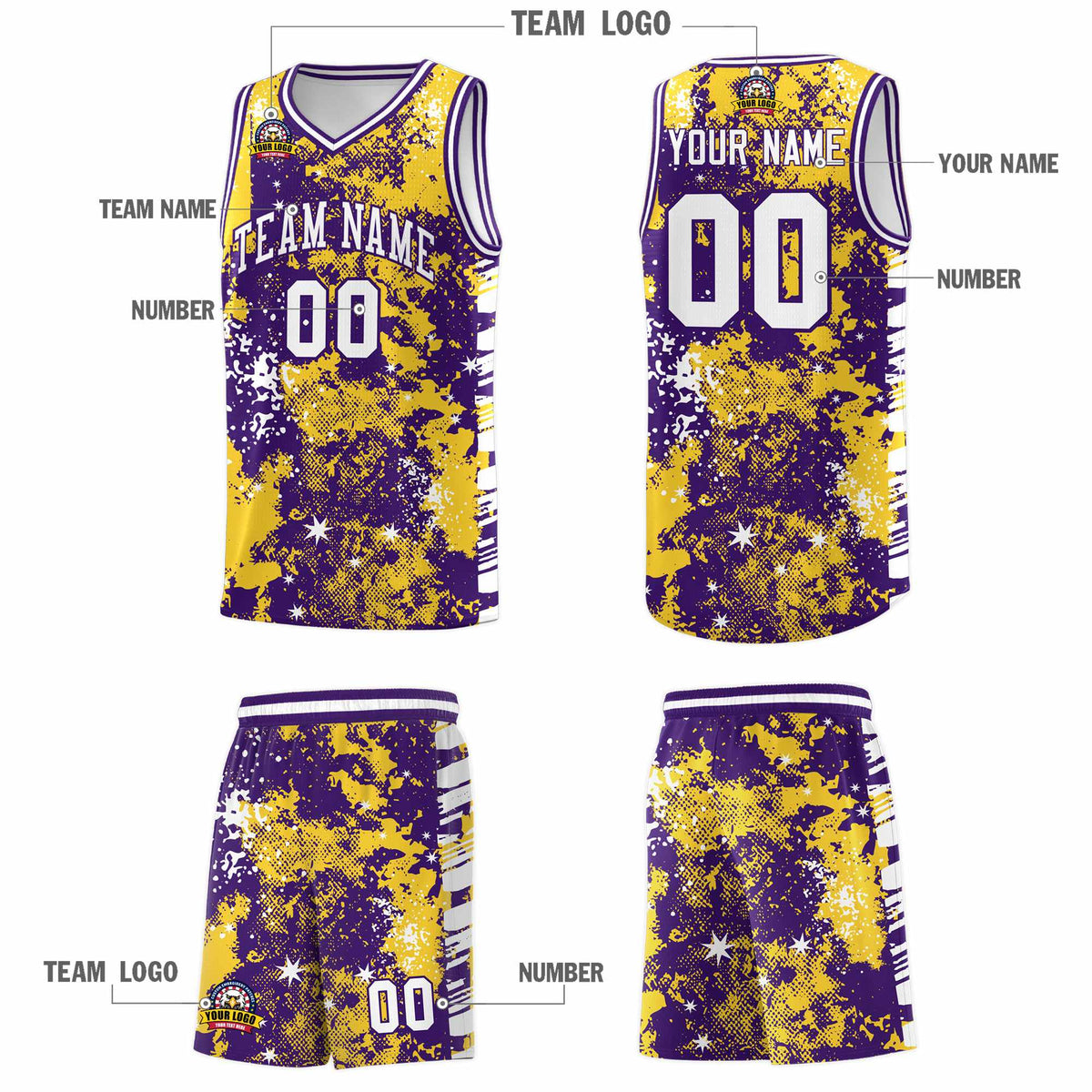 Custom Gold Purple Vice Burst Galactic Graffiti Sublimation Printing Basketball Jersey