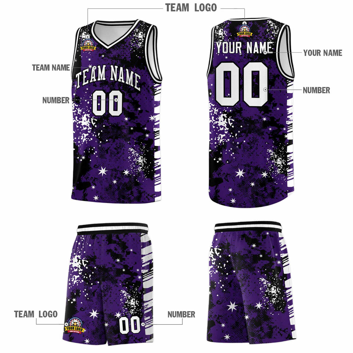 Custom Purple Black Vice Burst Galactic Graffiti Stretch Fabric Basketball Jersey
