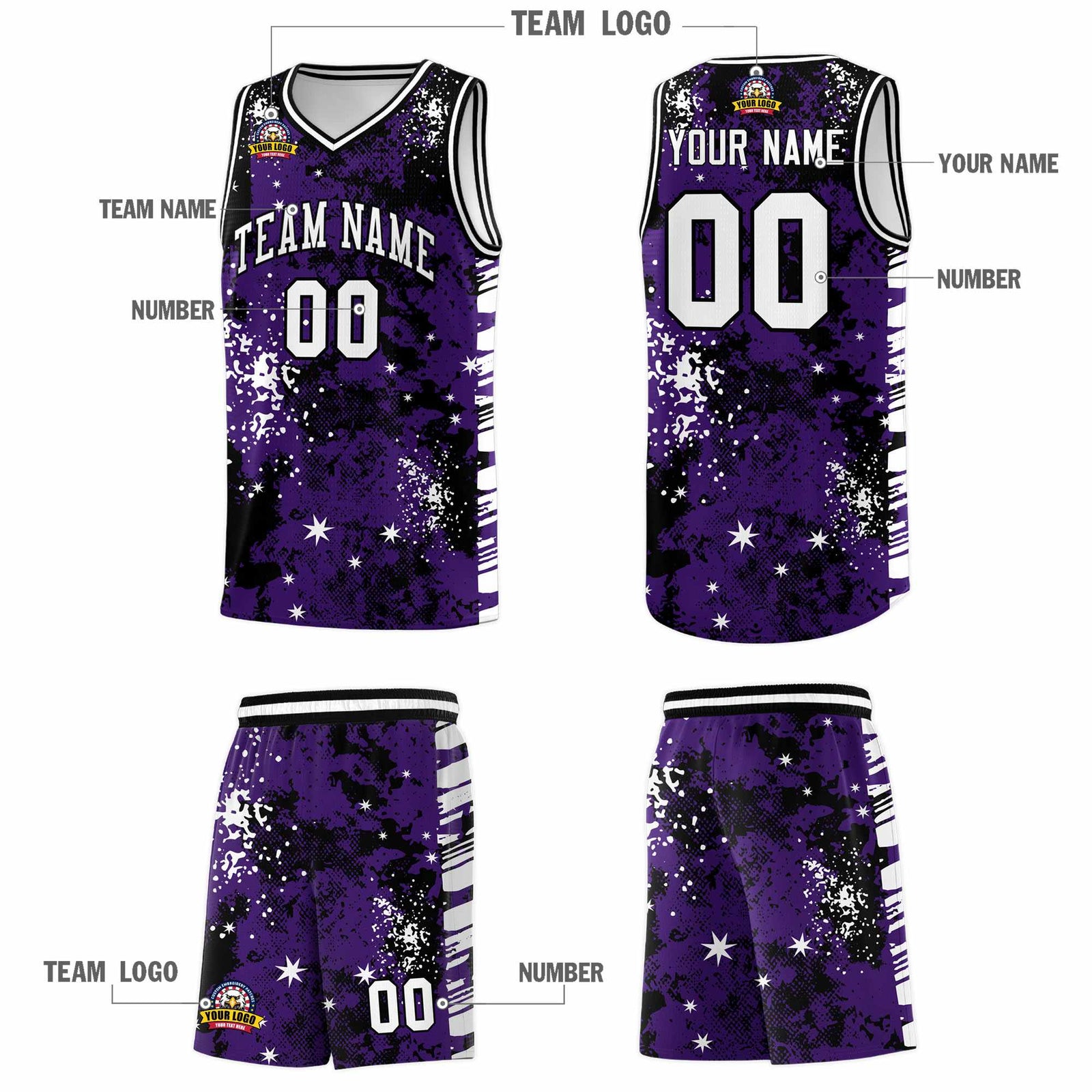 Custom Purple Black Vice Burst Galactic Graffiti Stretch Fabric Basketball Jersey