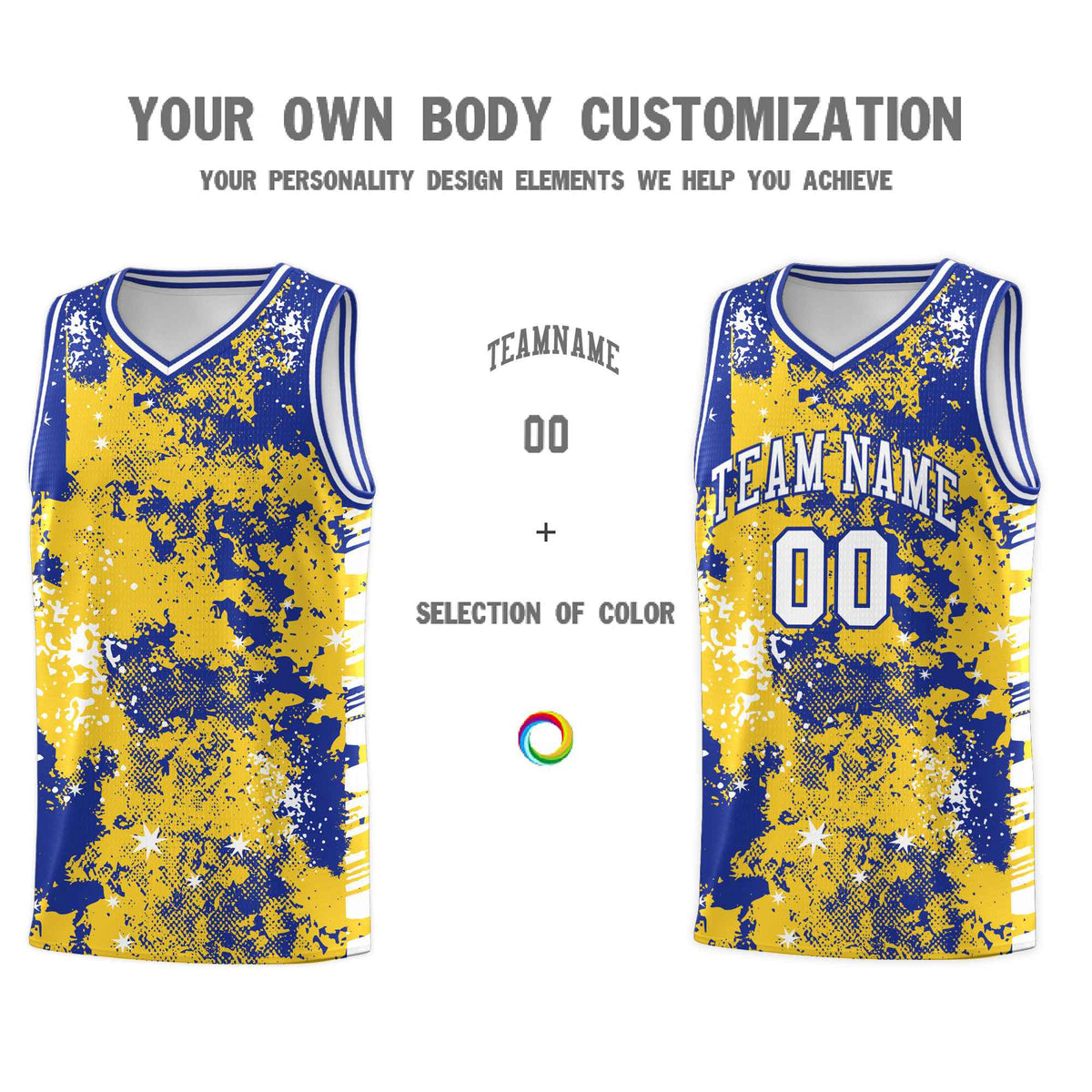 Custom Gold Royal Blue Vice Burst Galactic Graffiti Sublimation Printing Basketball Jersey