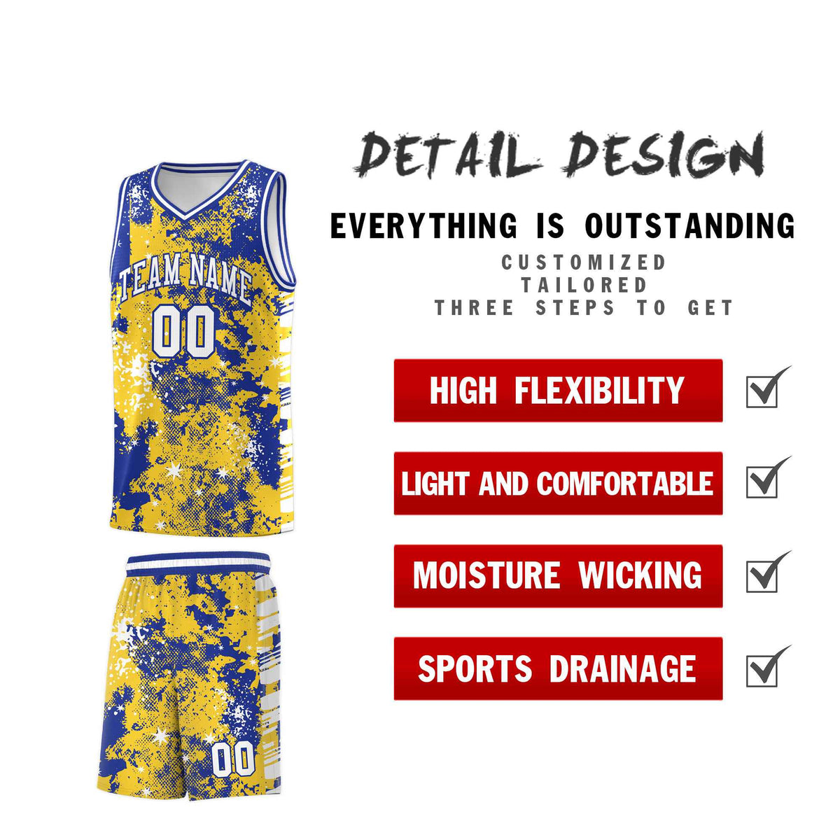 Custom Gold Royal Blue Vice Burst Galactic Graffiti Sublimation Printing Basketball Jersey