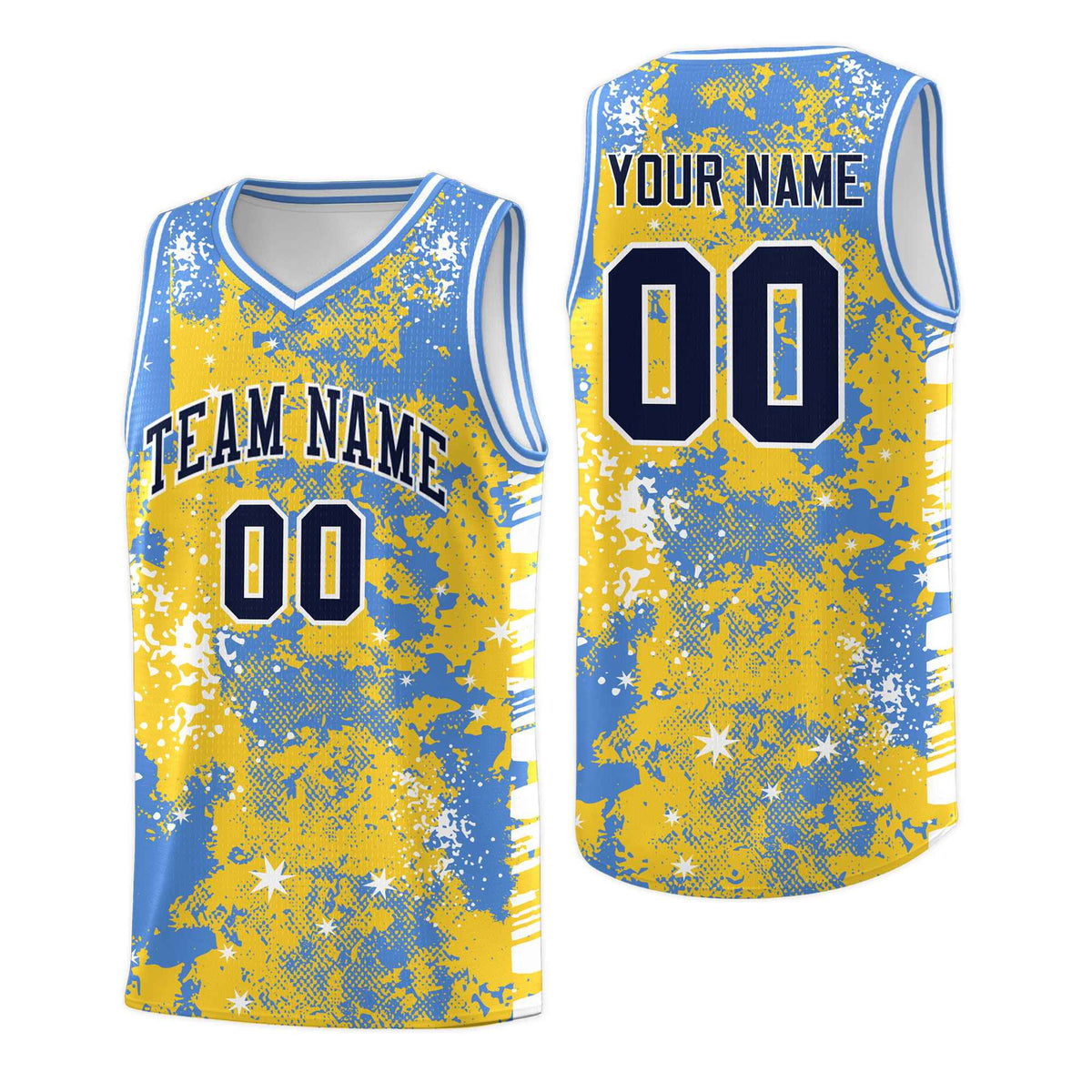 Custom Gold Powder Blue Vice Burst Galactic Graffiti Stretch Fabric Basketball Jersey