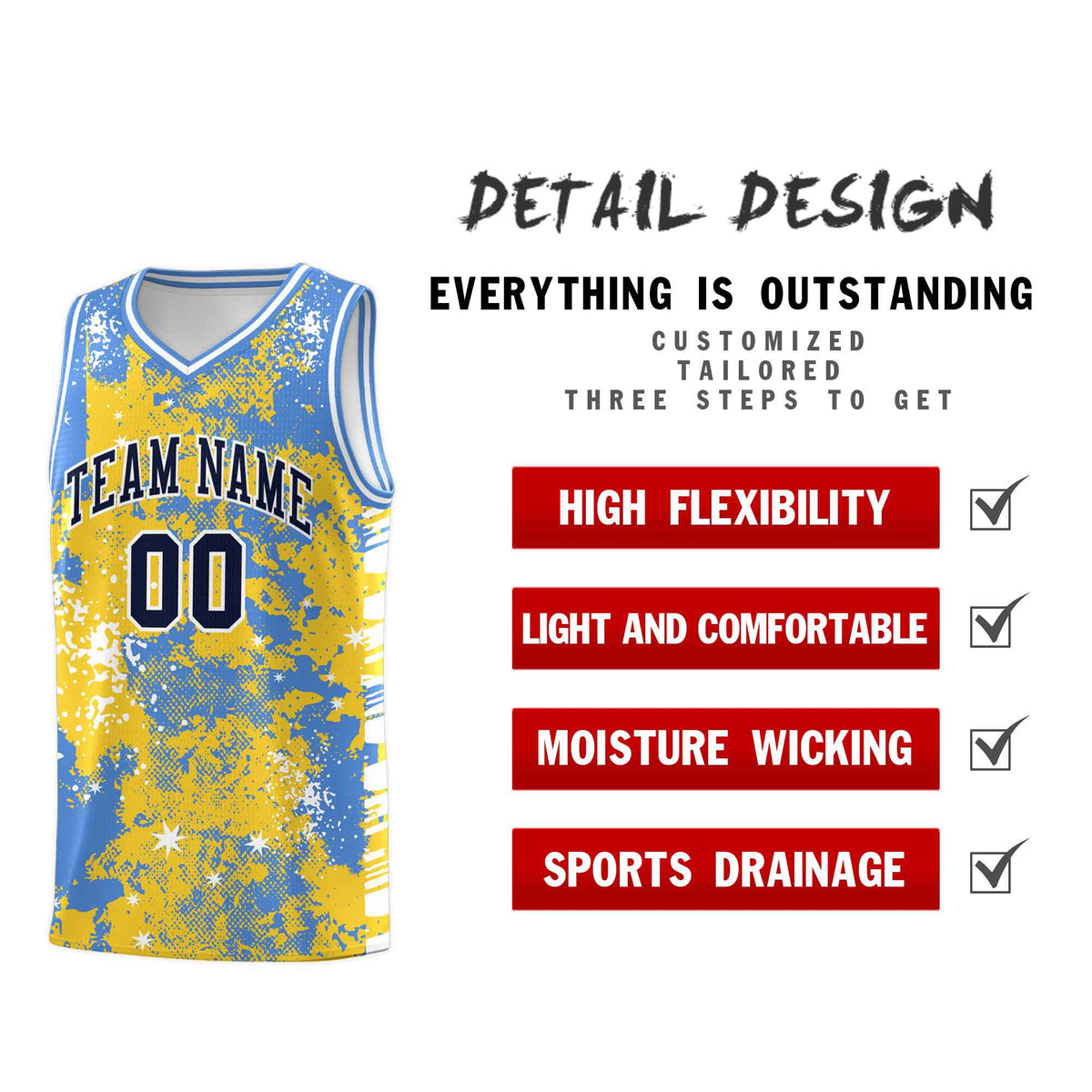 Custom Gold Powder Blue Vice Burst Galactic Graffiti Stretch Fabric Basketball Jersey