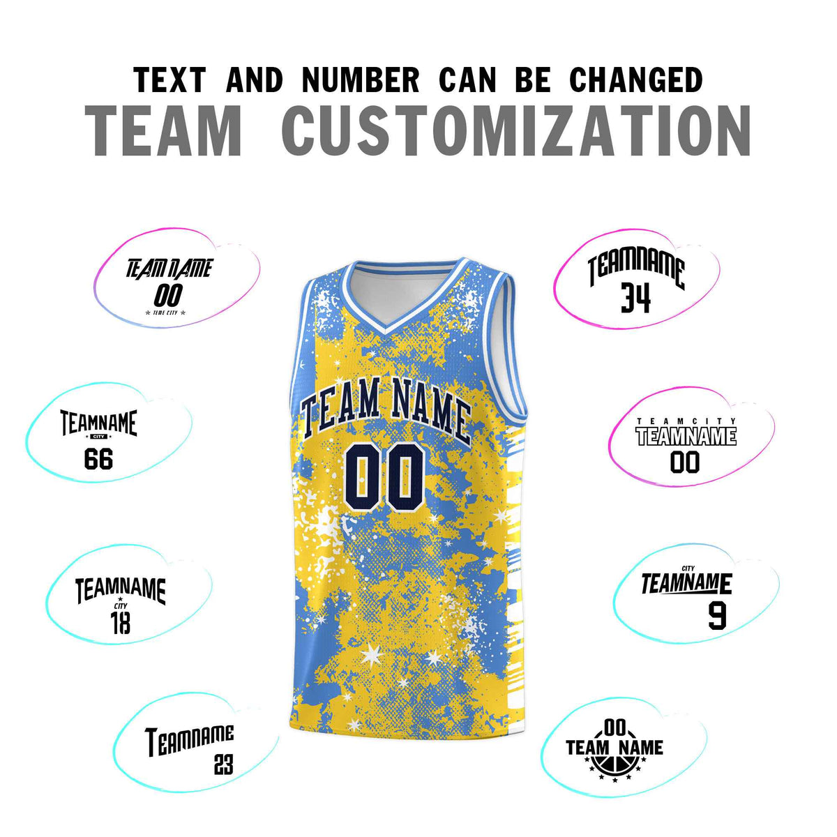 Custom Gold Powder Blue Vice Burst Galactic Graffiti Stretch Fabric Basketball Jersey