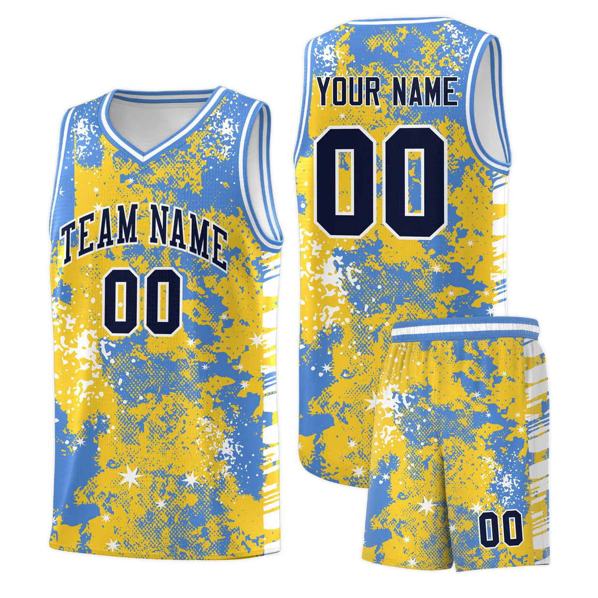 Custom Gold Powder Blue Vice Burst Galactic Graffiti Stretch Fabric Basketball Jersey