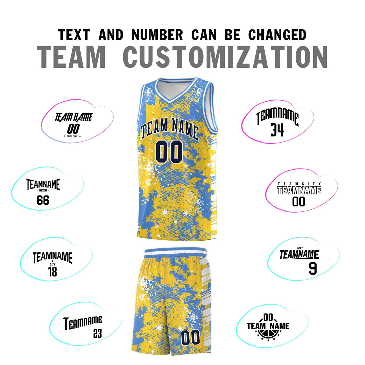 Custom Gold Powder Blue Vice Burst Galactic Graffiti Stretch Fabric Basketball Jersey