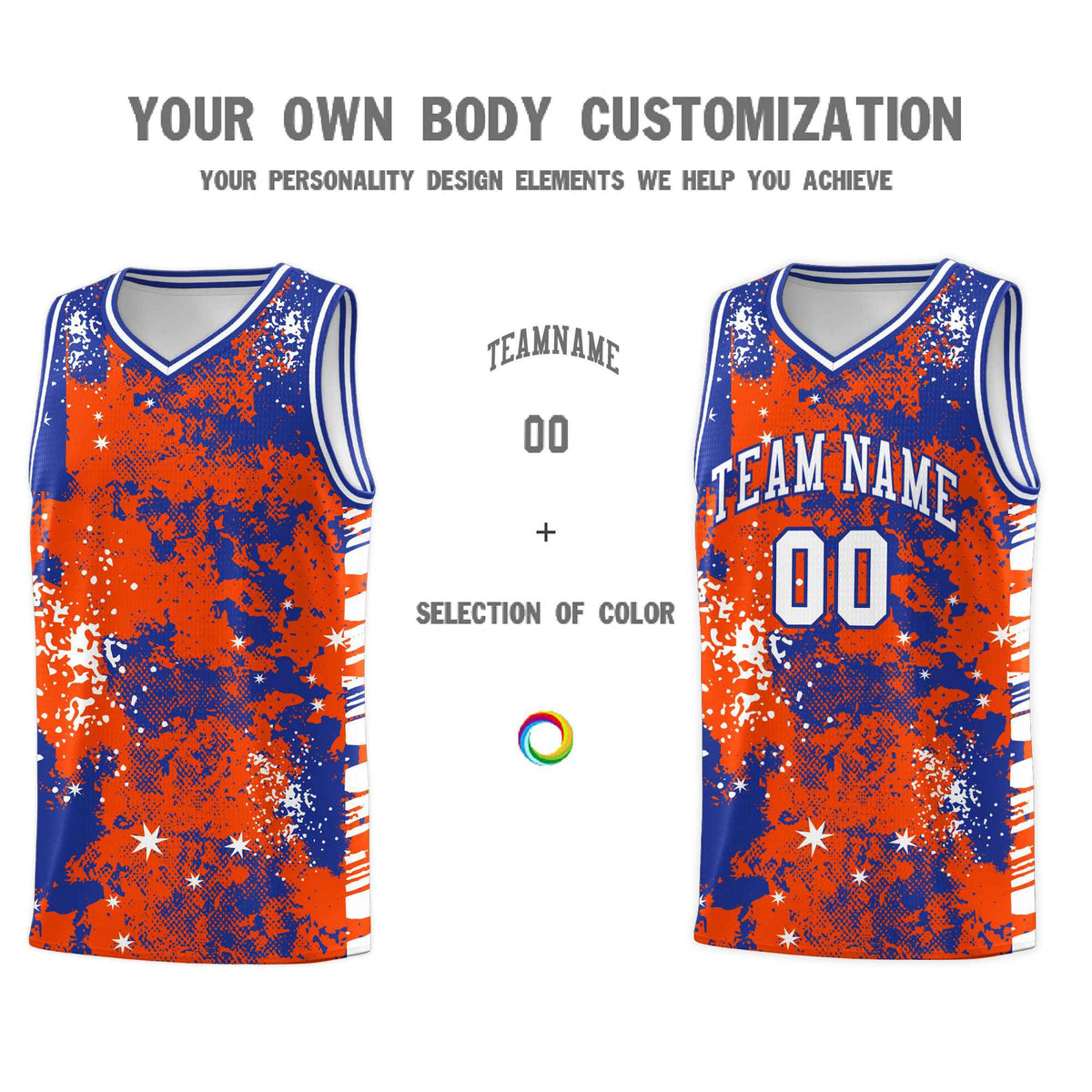 Custom Orange Royal Blue Vice Burst Galactic Graffiti Moisture-Wicking Basketball Jersey