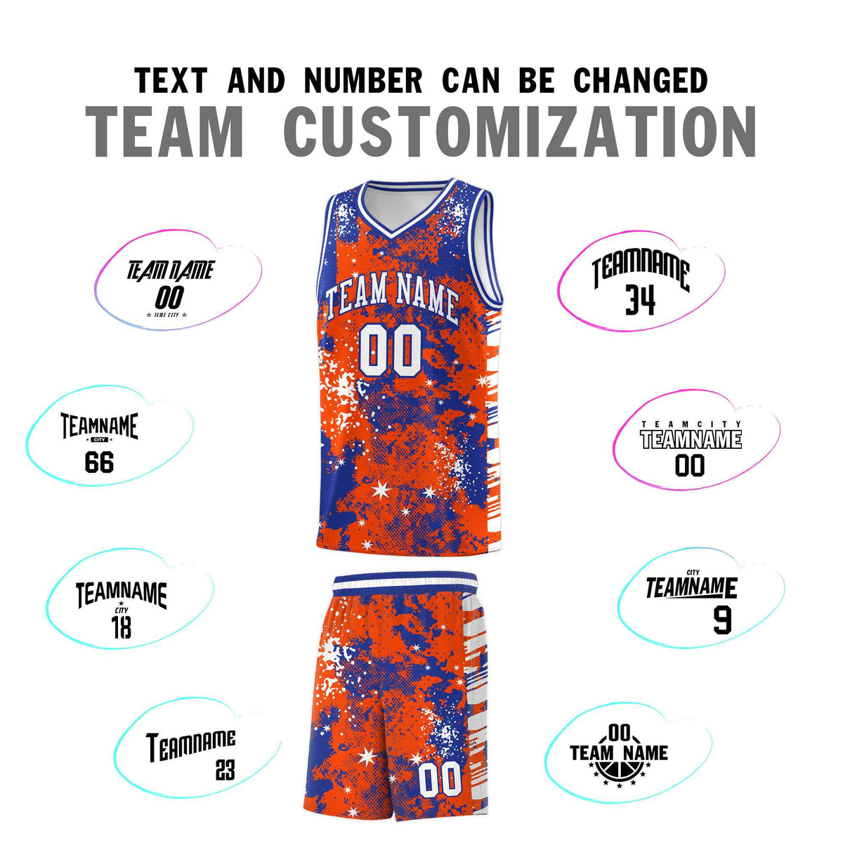 Custom Orange Royal Blue Vice Burst Galactic Graffiti Moisture-Wicking Basketball Jersey