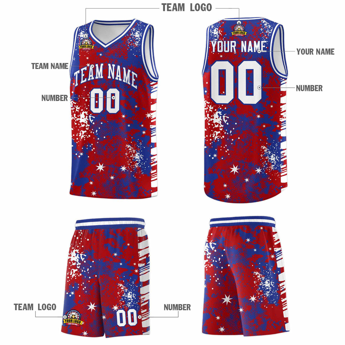 Custom Red Royal Blue Vice Burst Galactic Graffiti Wrinkle-Resistant Basketball Jersey
