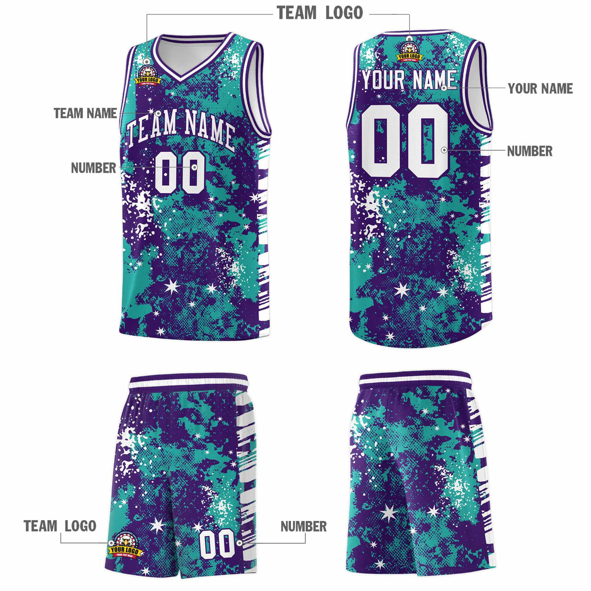 Custom Aqua Purple Vice Burst Galactic Graffiti Breathable Basketball Jersey