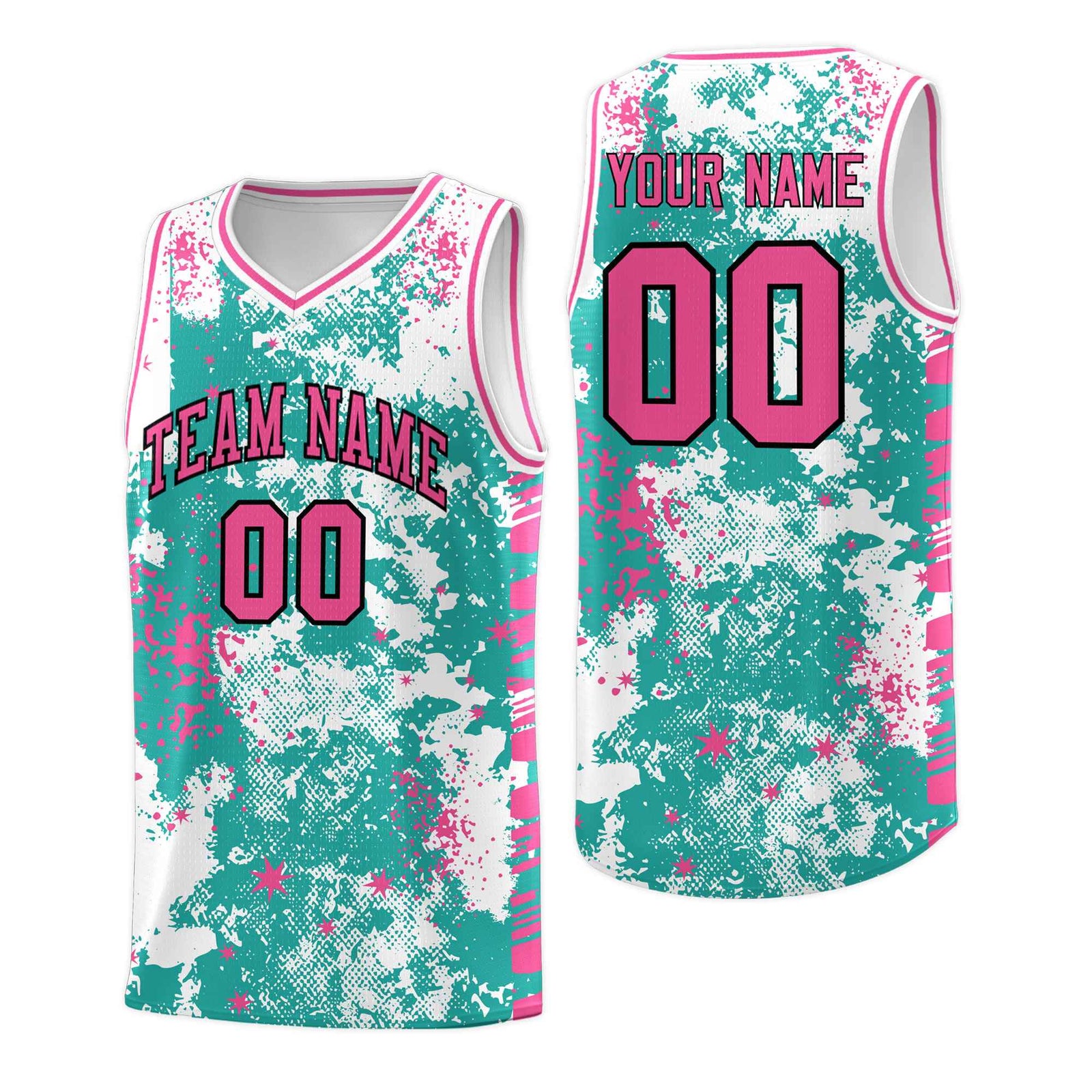 Custom Aqua Pink Vice Burst Galactic Graffiti Quick-Drying Basketball Jersey