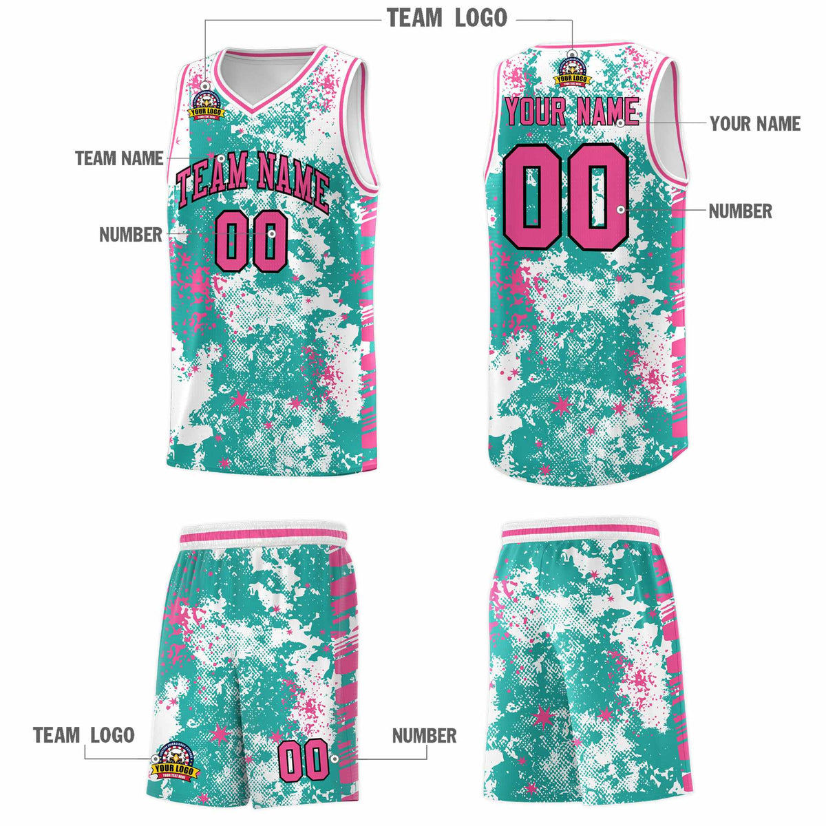 Custom Aqua Pink Vice Burst Galactic Graffiti Quick-Drying Basketball Jersey