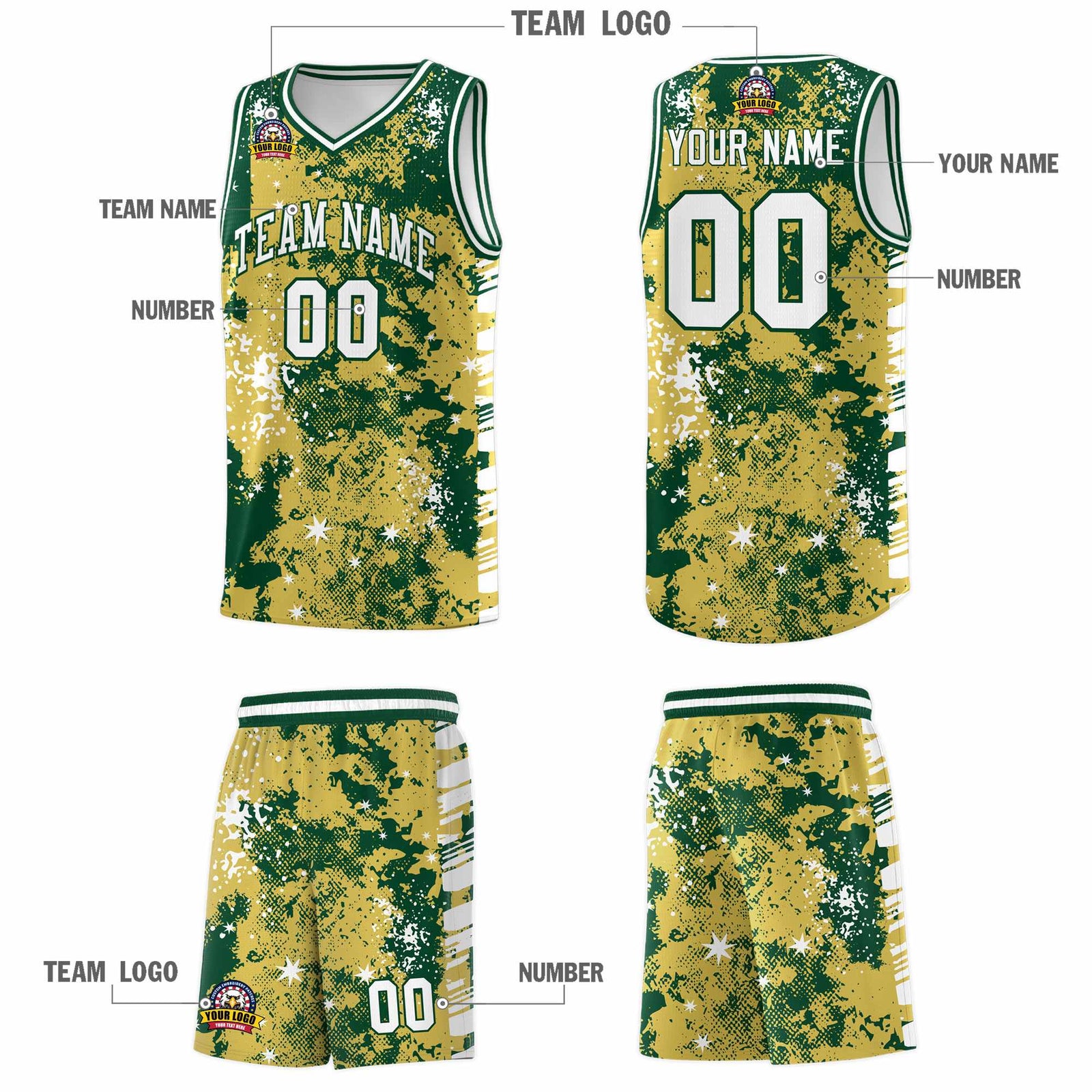 Custom Old Gold Kelly Green Vice Burst Galactic Graffiti Moisture-Wicking Basketball Jersey