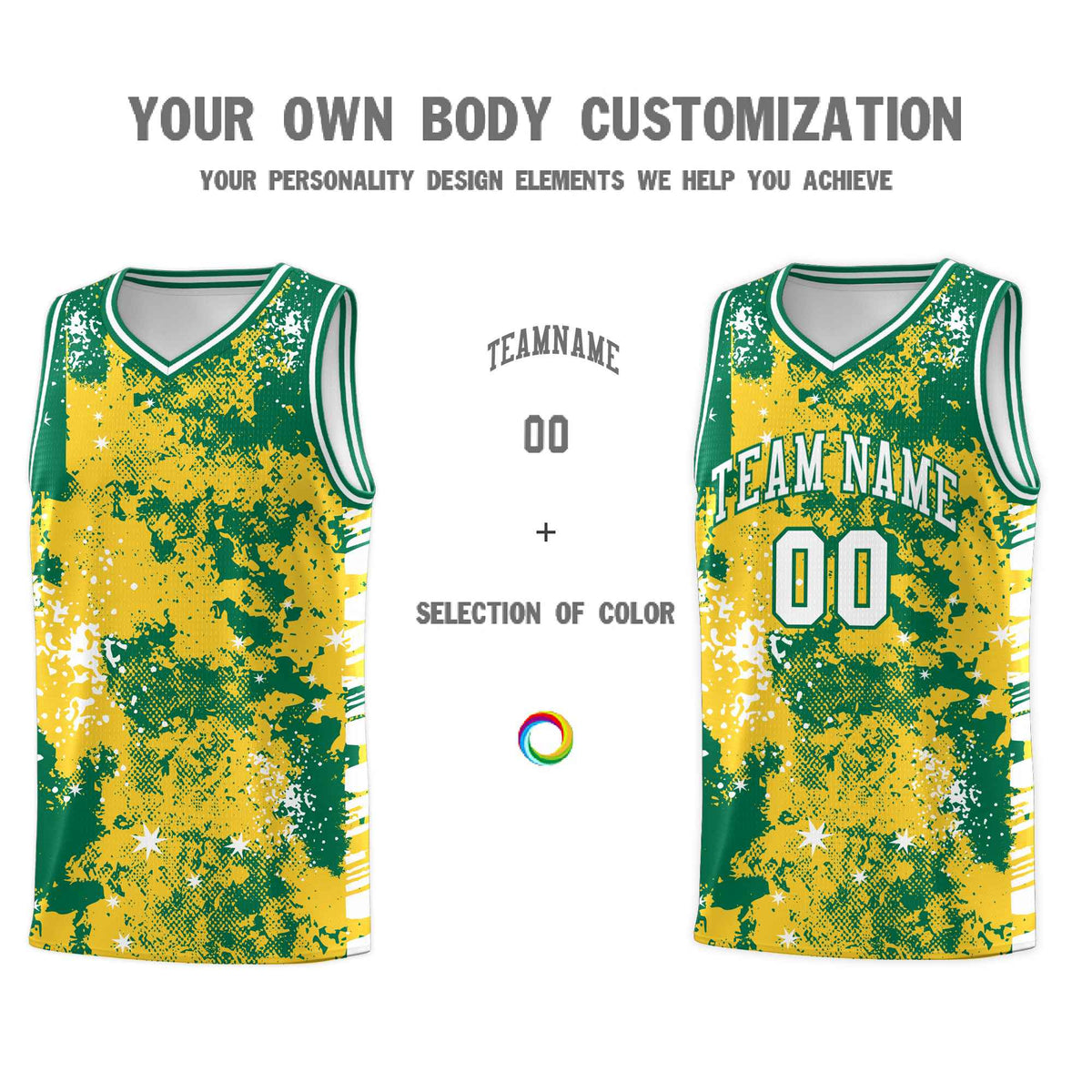 Custom Gold Kelly Green Vice Burst Galactic Graffiti Wrinkle-Resistant Basketball Jersey