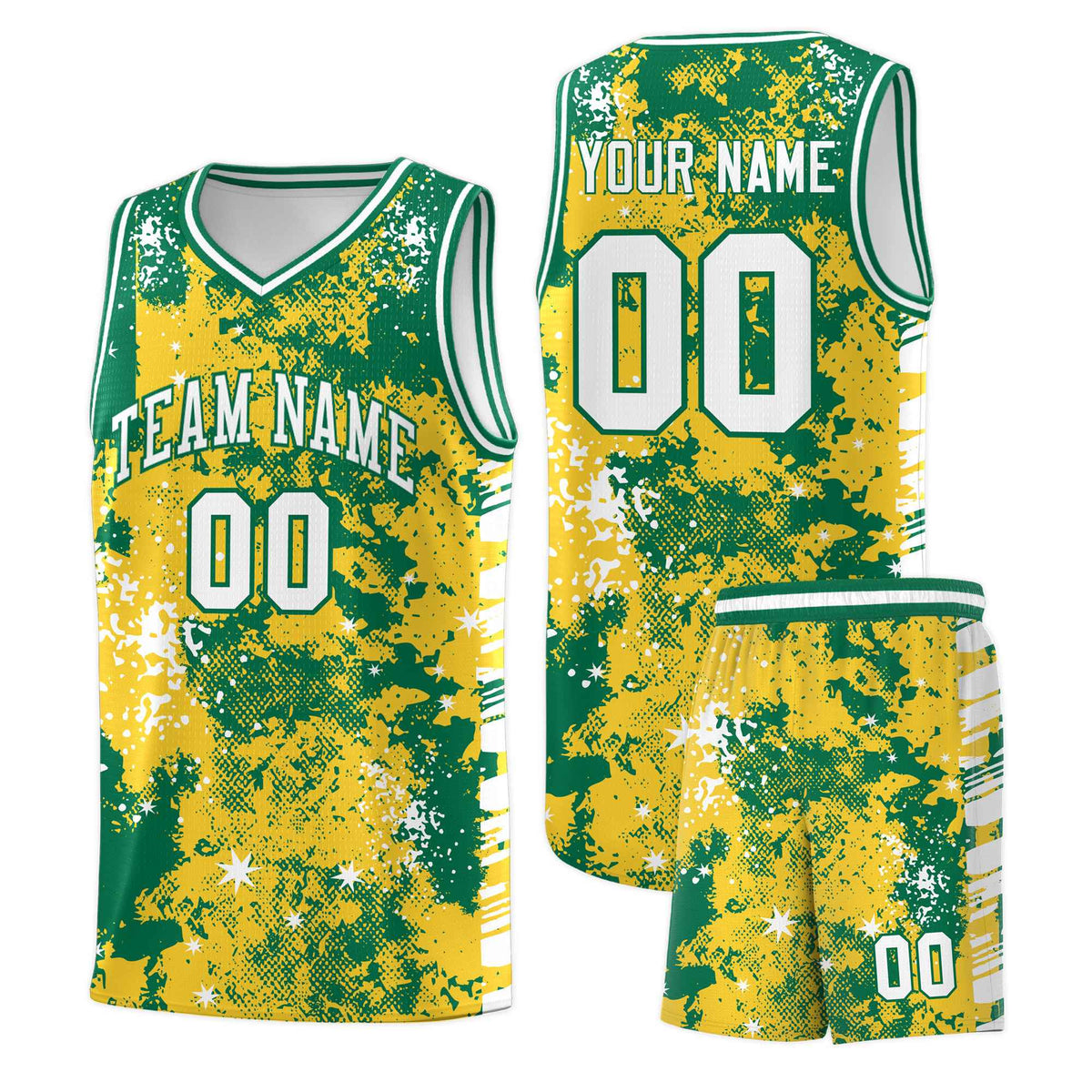 Custom Gold Kelly Green Vice Burst Galactic Graffiti Wrinkle-Resistant Basketball Jersey