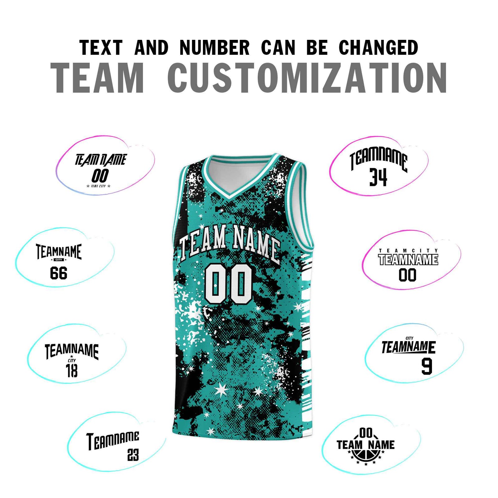 Custom Black Light Teal Vice Burst Galactic Graffiti Breathable Basketball Jersey