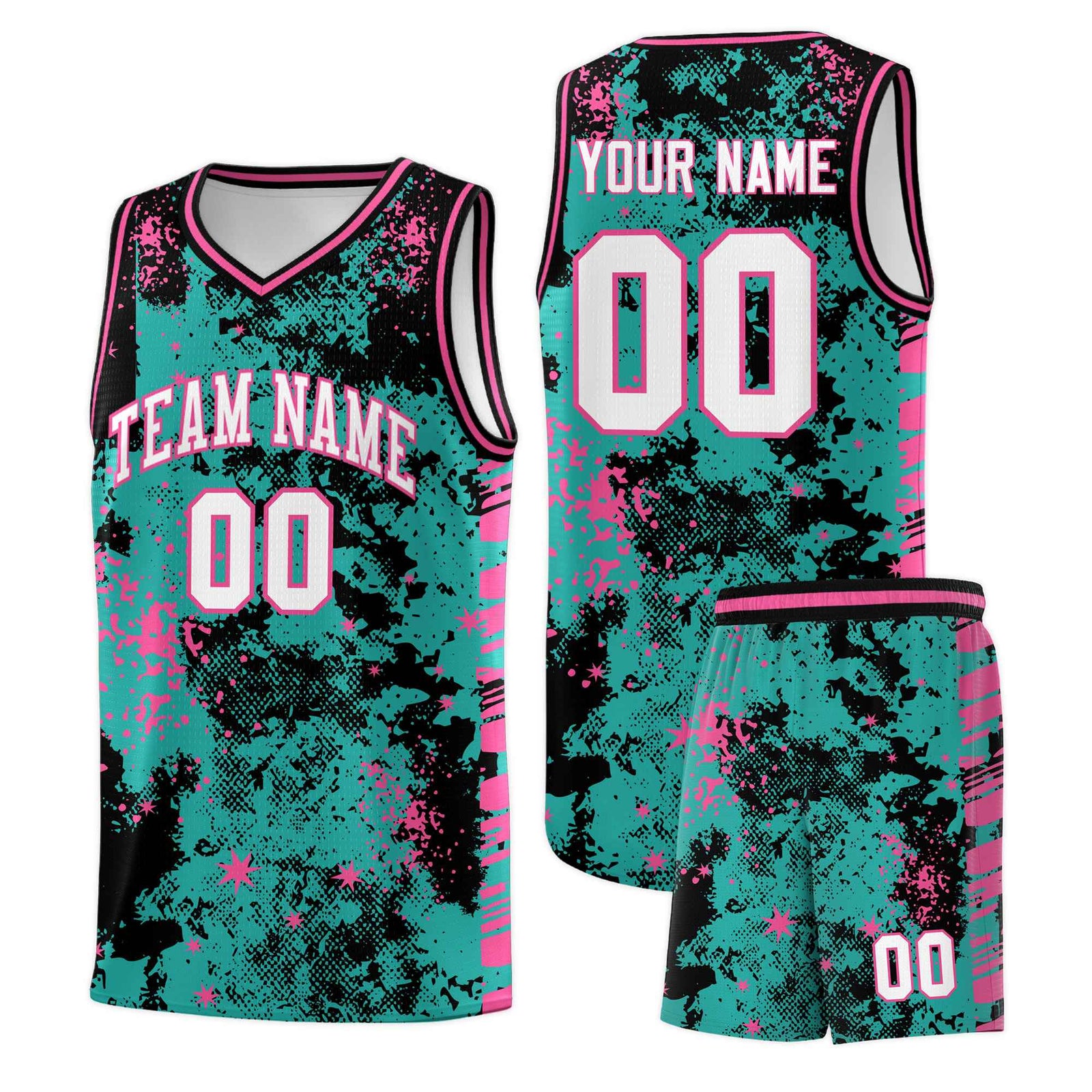 Custom Aqua Black Vice Burst Galactic Graffiti Drapable Basketball Jersey