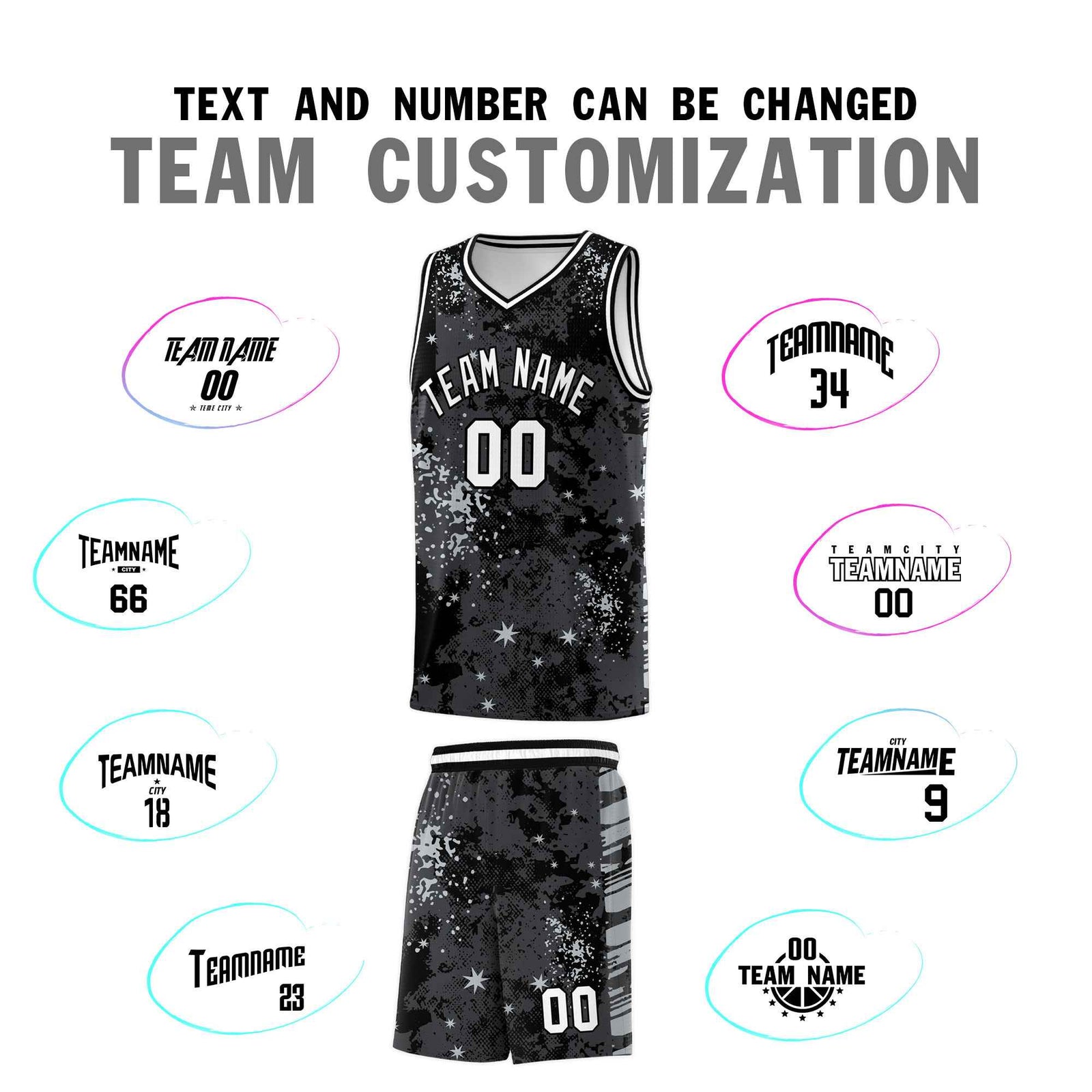 Custom Black Gray Vice Burst Galactic Graffiti Stretch Fabric Basketball Jersey