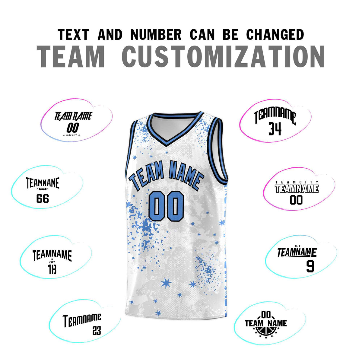 Custom White Powder Blue Vice Burst Galactic Graffiti Quick-Drying Basketball Jersey