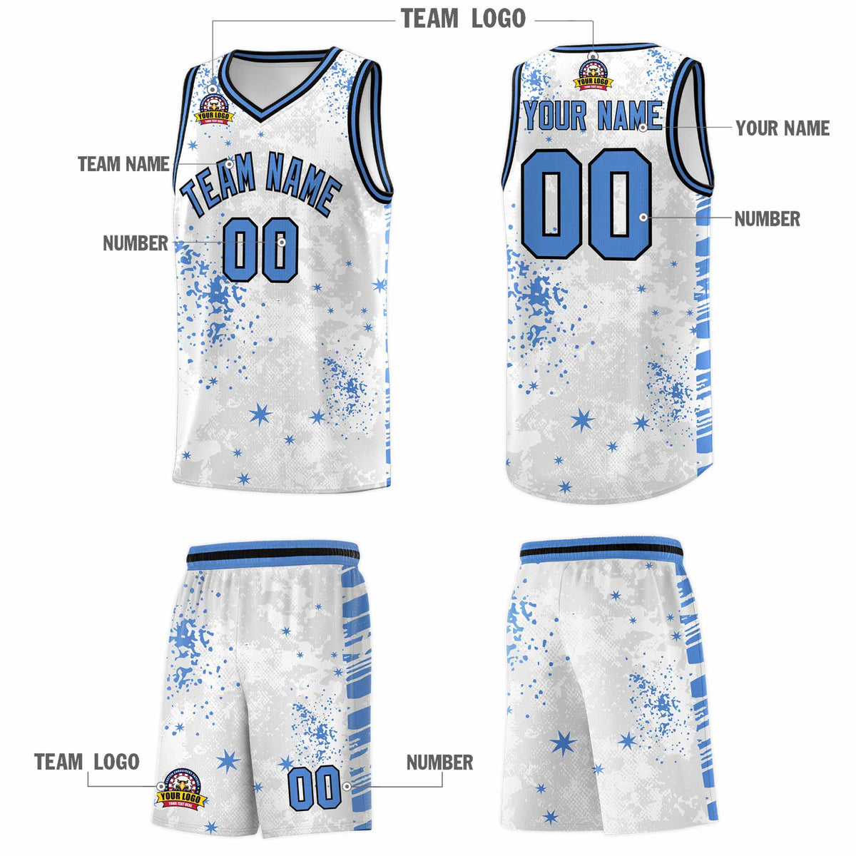 Custom White Powder Blue Vice Burst Galactic Graffiti Quick-Drying Basketball Jersey
