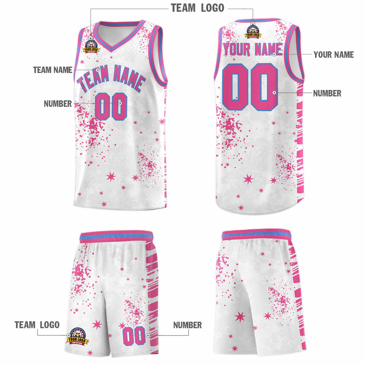 Custom Pink Powder Blue Vice Burst Galactic Graffiti Sublimation Printing Basketball Jersey