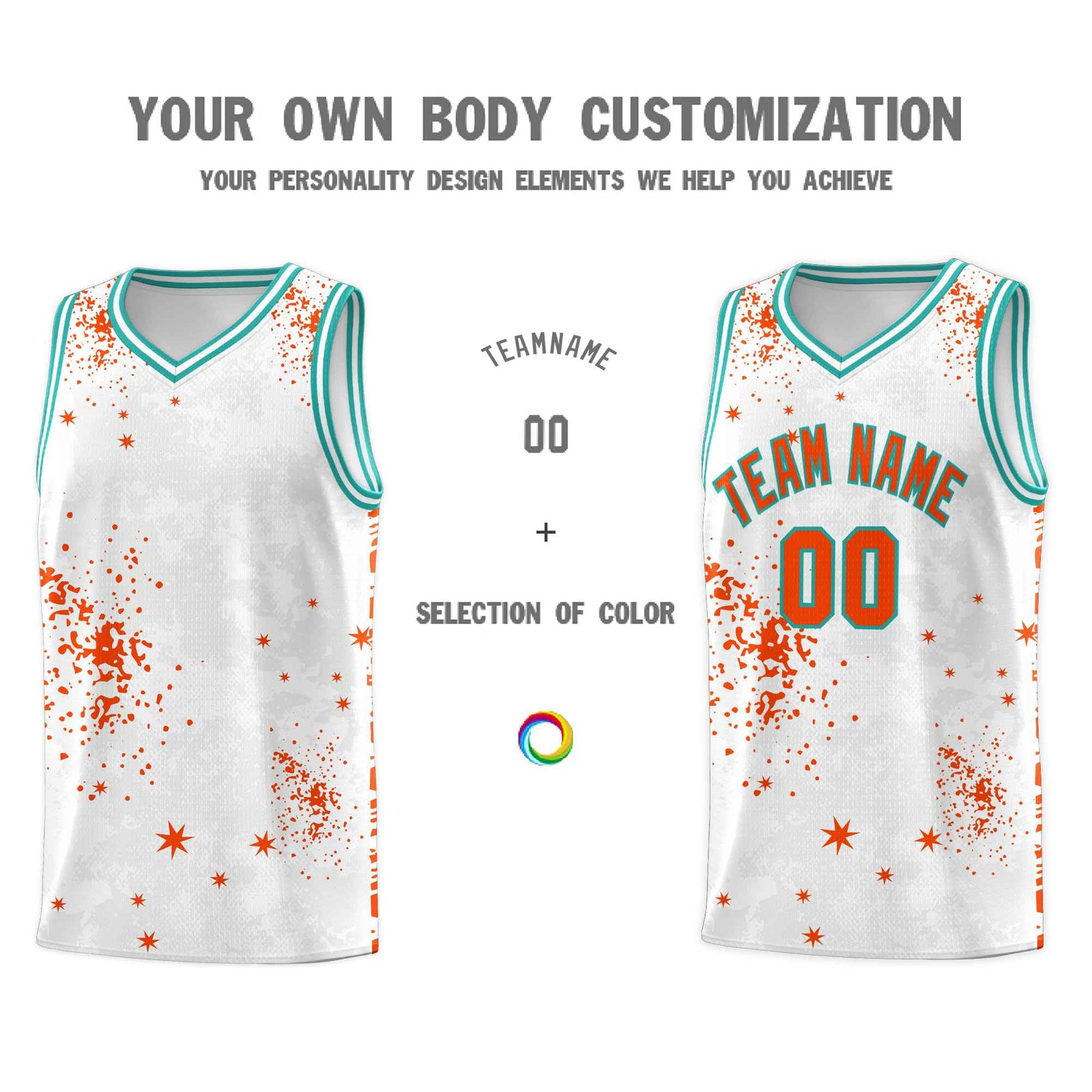 Custom Orange Aqua Vice Burst Galactic Graffiti Quick-Drying Basketball Jersey