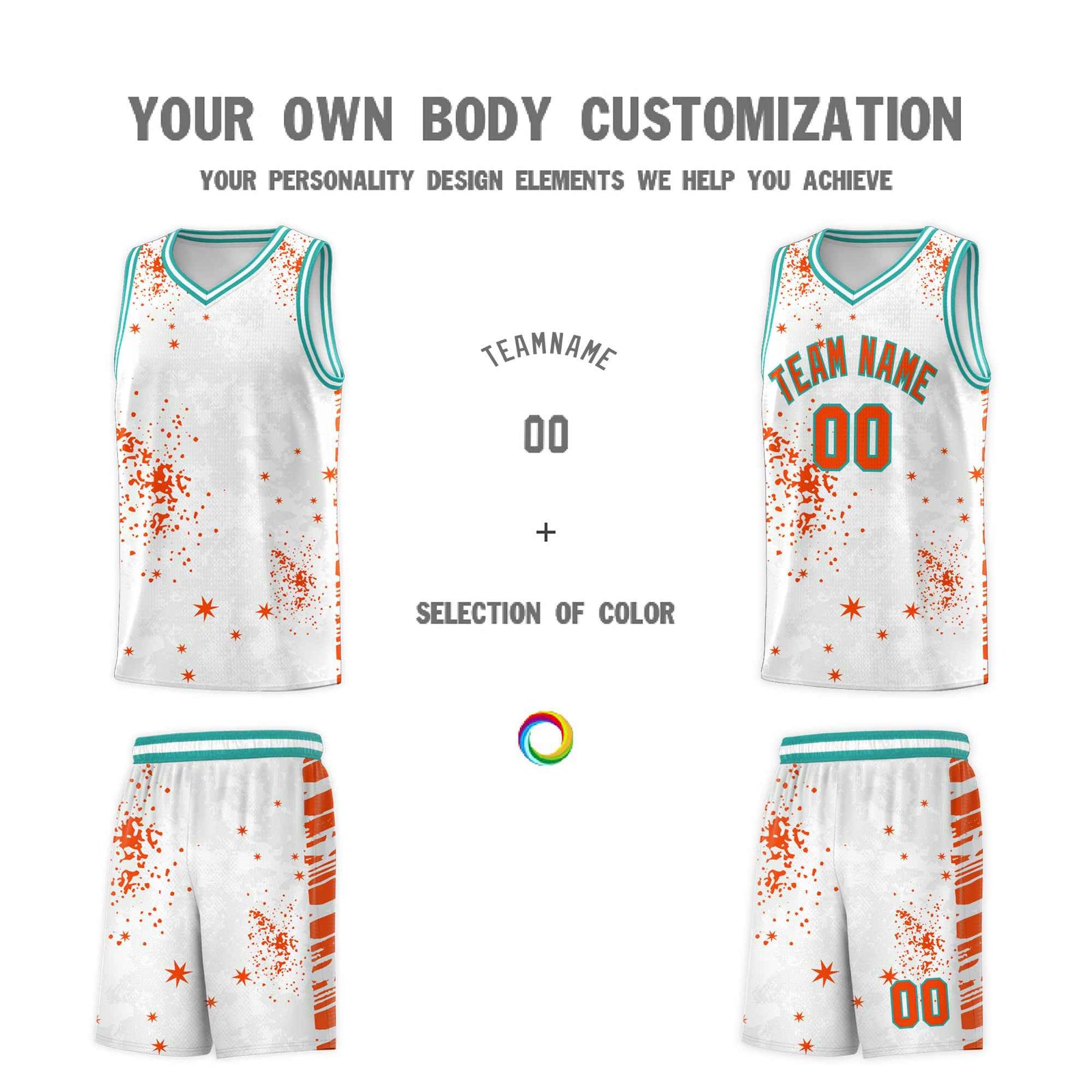 Custom Orange Aqua Vice Burst Galactic Graffiti Quick-Drying Basketball Jersey