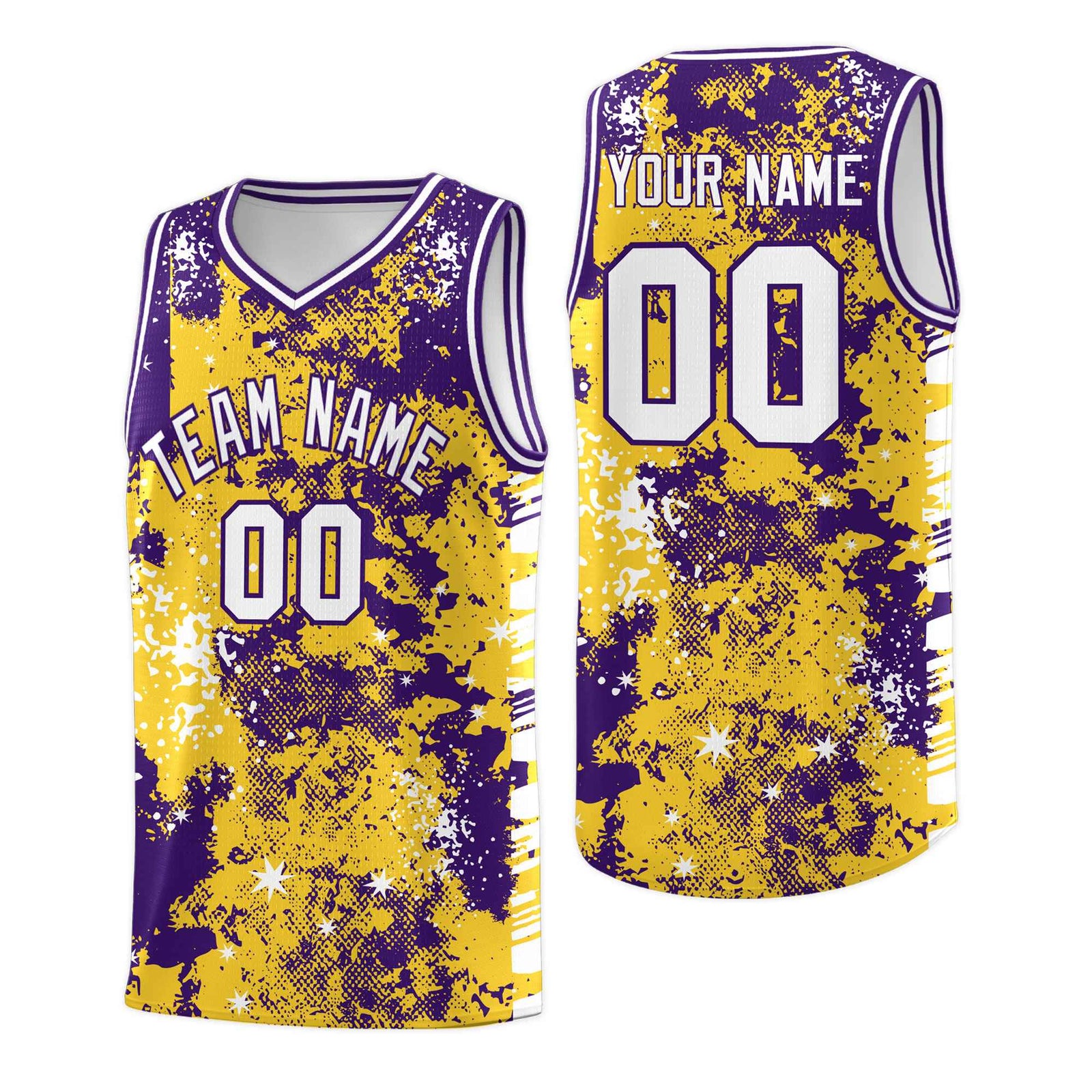 Custom Gold Purple Vice Burst Galactic Graffiti Drapable Basketball Jersey