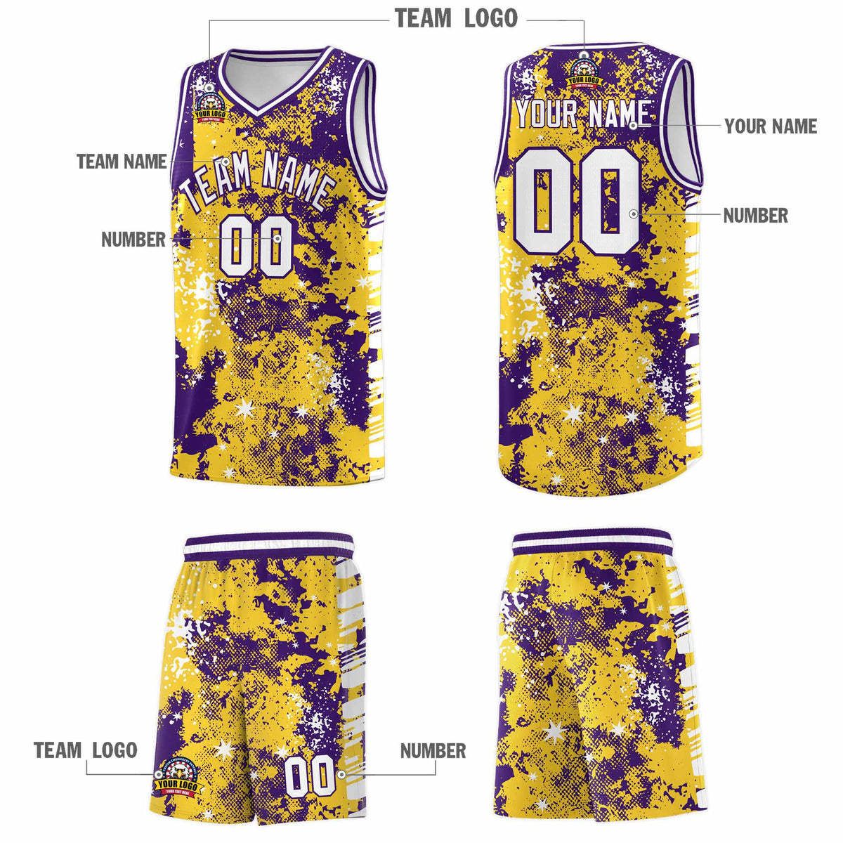 Custom Gold Purple Vice Burst Galactic Graffiti Drapable Basketball Jersey