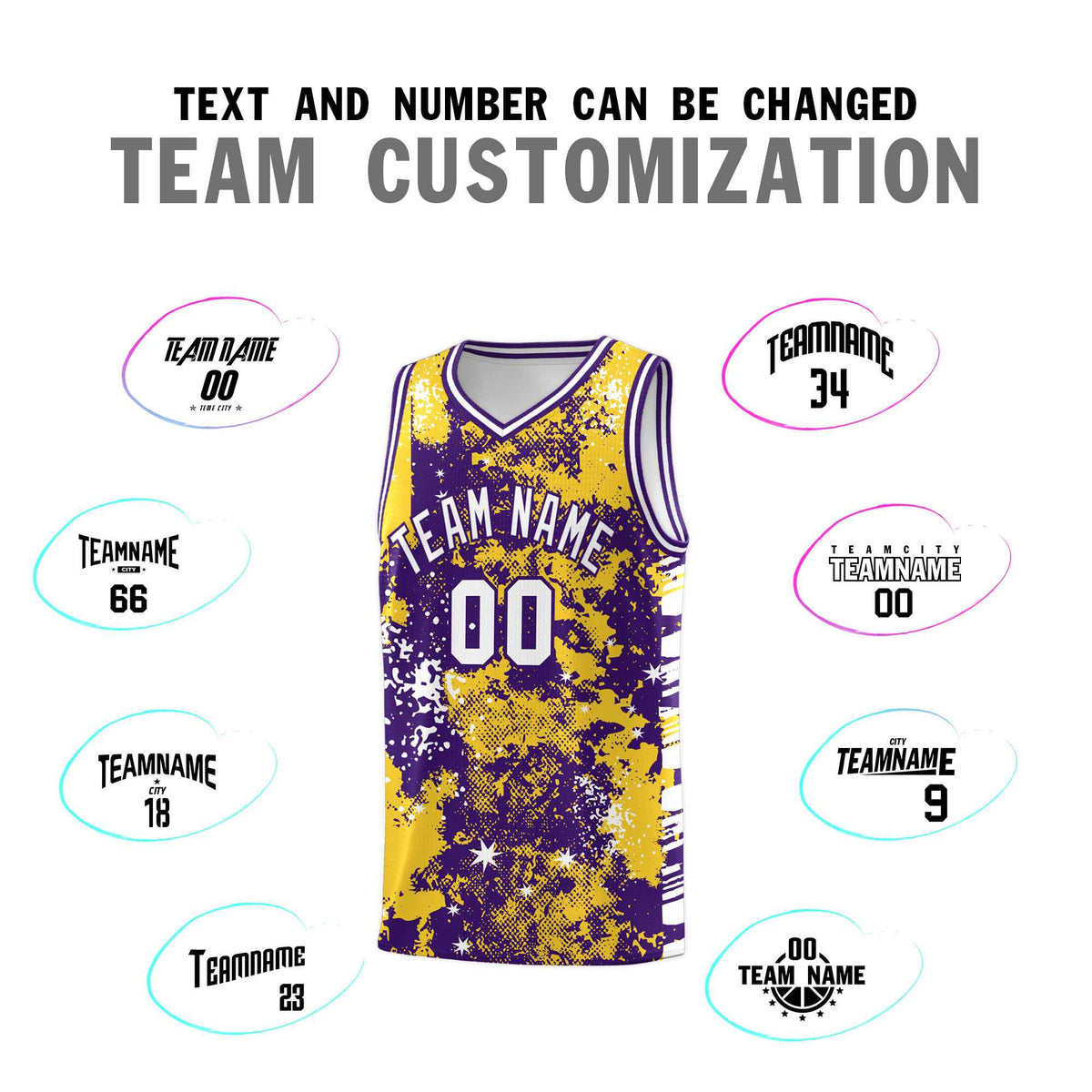 Custom Gold Purple Vice Burst Galactic Graffiti Sublimation Printing Basketball Jersey