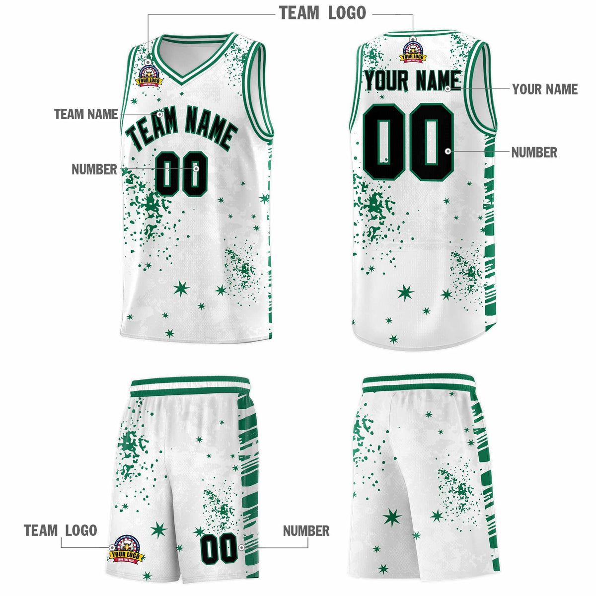Custom White Kelly Green Vice Burst Galactic Graffiti Breathable Basketball Jersey