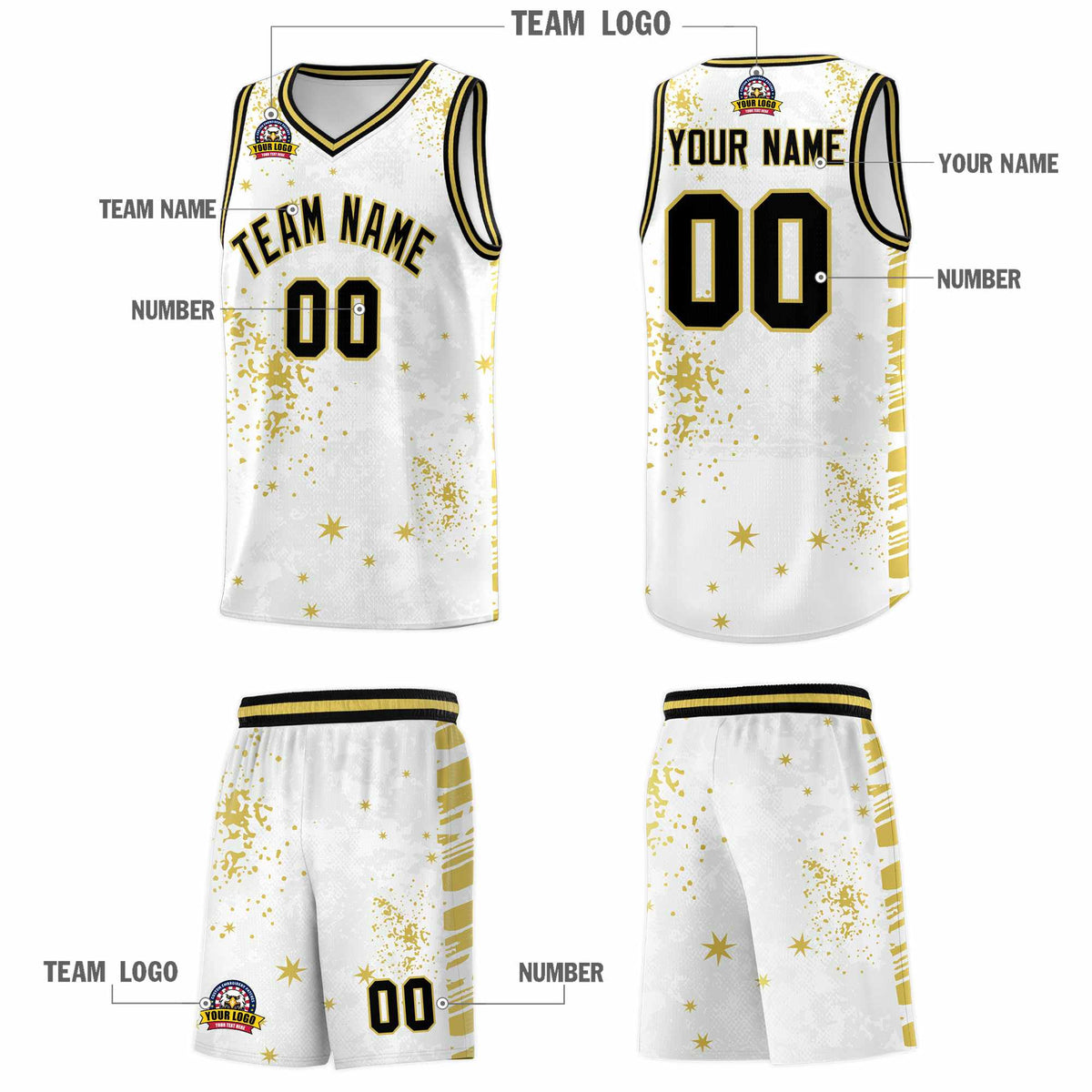 Custom White Old Gold Vice Burst Galactic Graffiti Quick-Drying Basketball Jersey