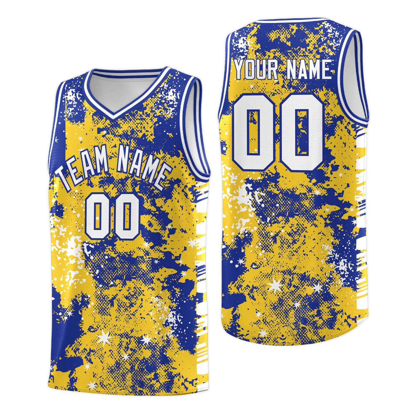 Custom Gold Royal Blue Vice Burst Galactic Graffiti Sublimation Printing Basketball Jersey