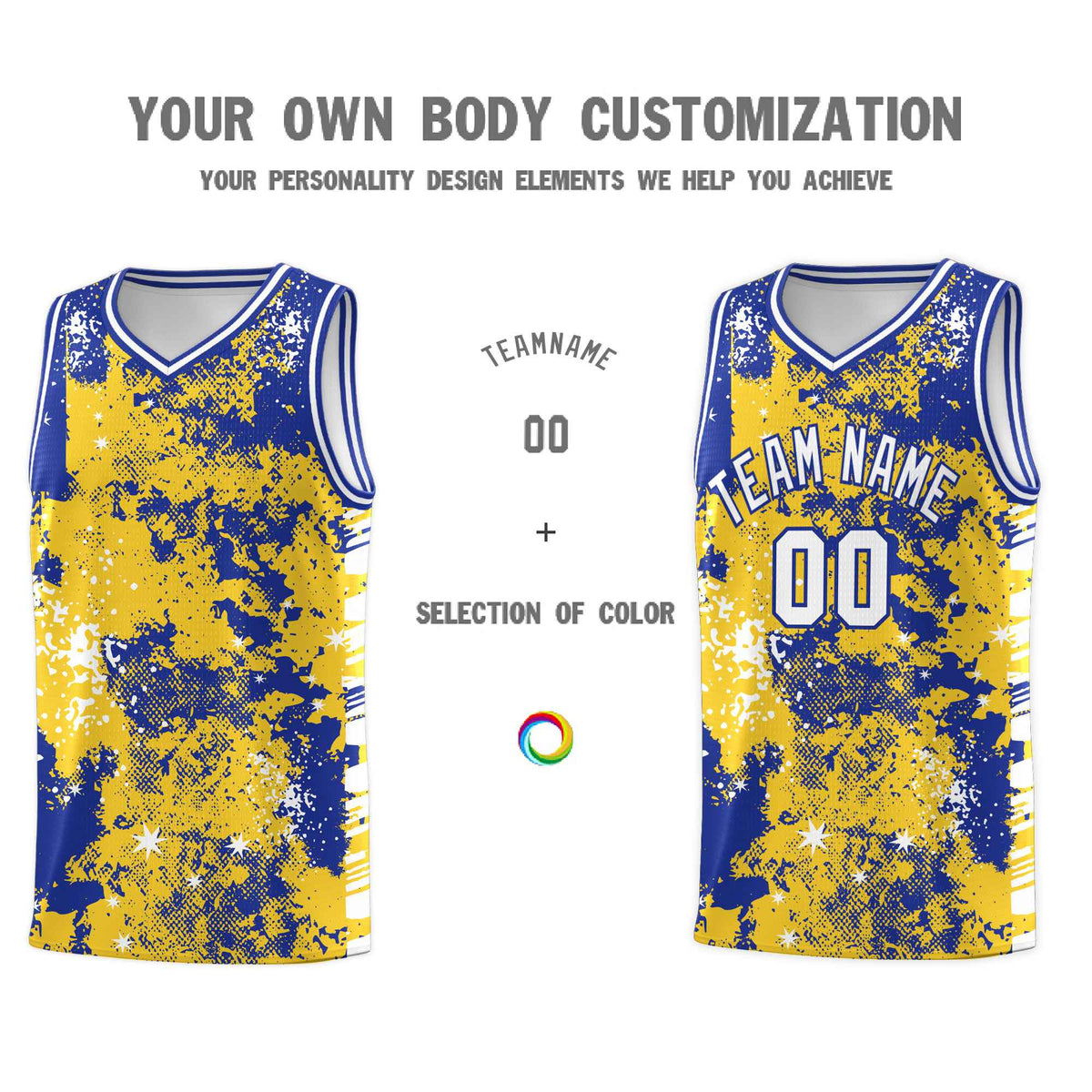Custom Gold Royal Blue Vice Burst Galactic Graffiti Sublimation Printing Basketball Jersey