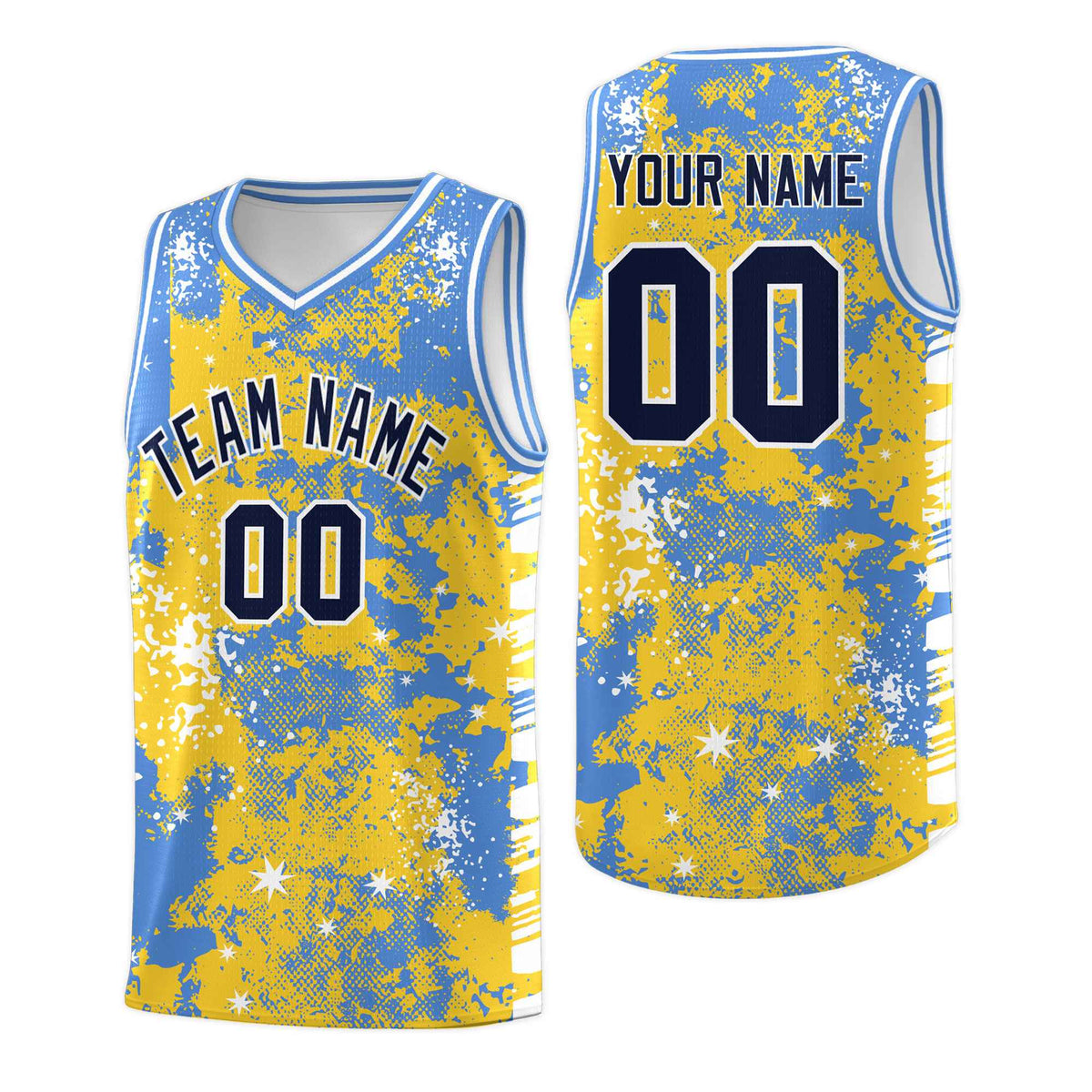 Custom Gold Powder Blue Vice Burst Galactic Graffiti Stretch Fabric Basketball Jersey