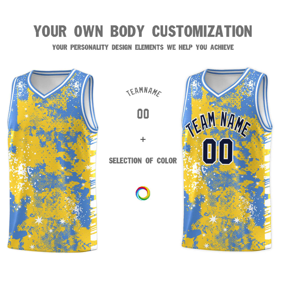 Custom Gold Powder Blue Vice Burst Galactic Graffiti Stretch Fabric Basketball Jersey