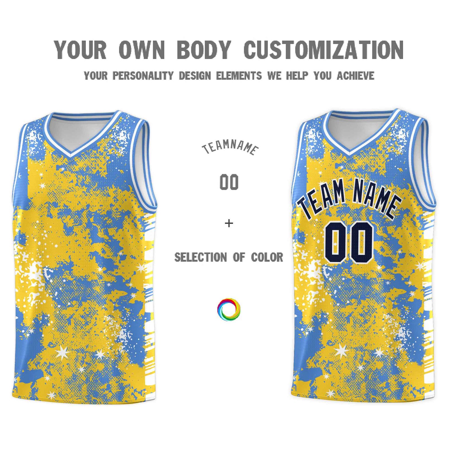 Custom Gold Powder Blue Vice Burst Galactic Graffiti Stretch Fabric Basketball Jersey